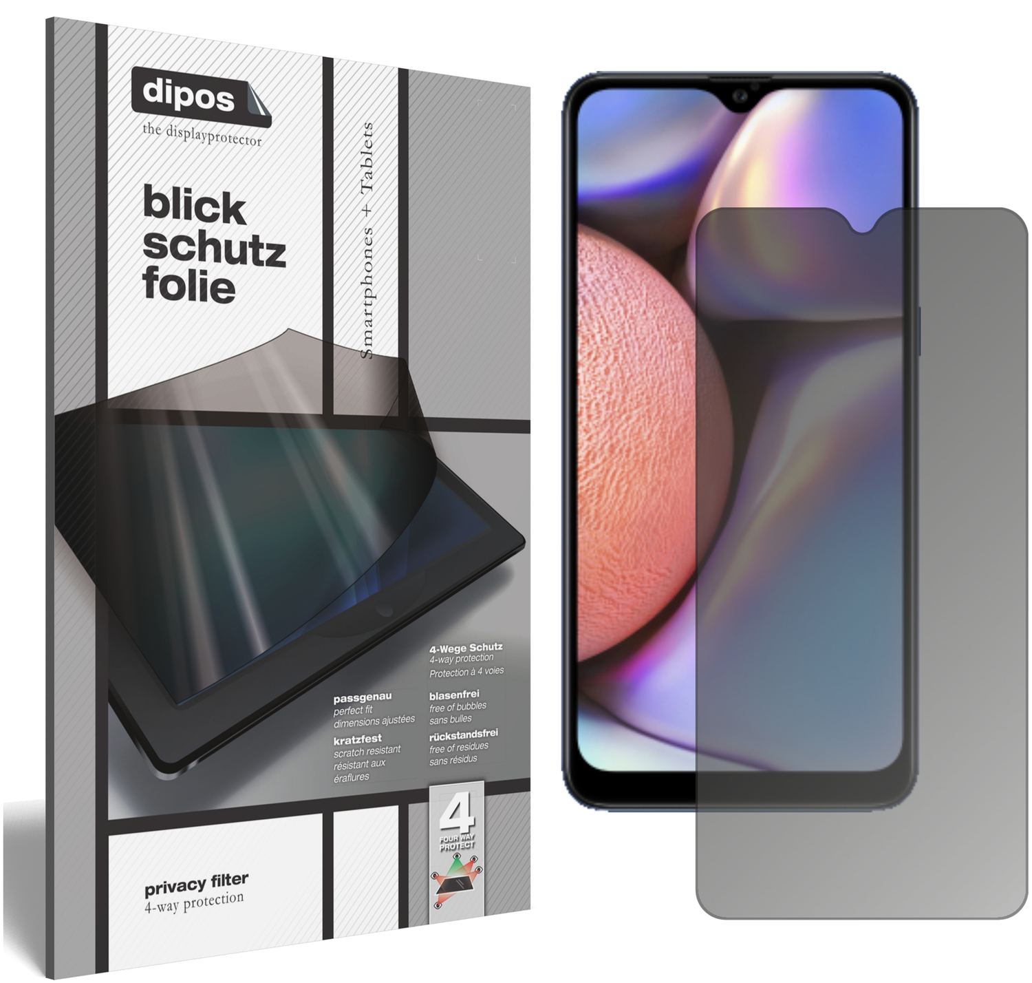 Blickschutzfolie von dipos passend für Samsung Galaxy A10e, präziser Zuschnitt und blasenfrei montiert