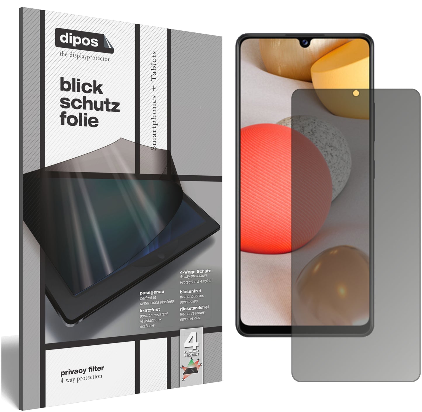 Blickschutzfolie von dipos passend für Samsung Galaxy A42, präziser Zuschnitt und blasenfrei montiert