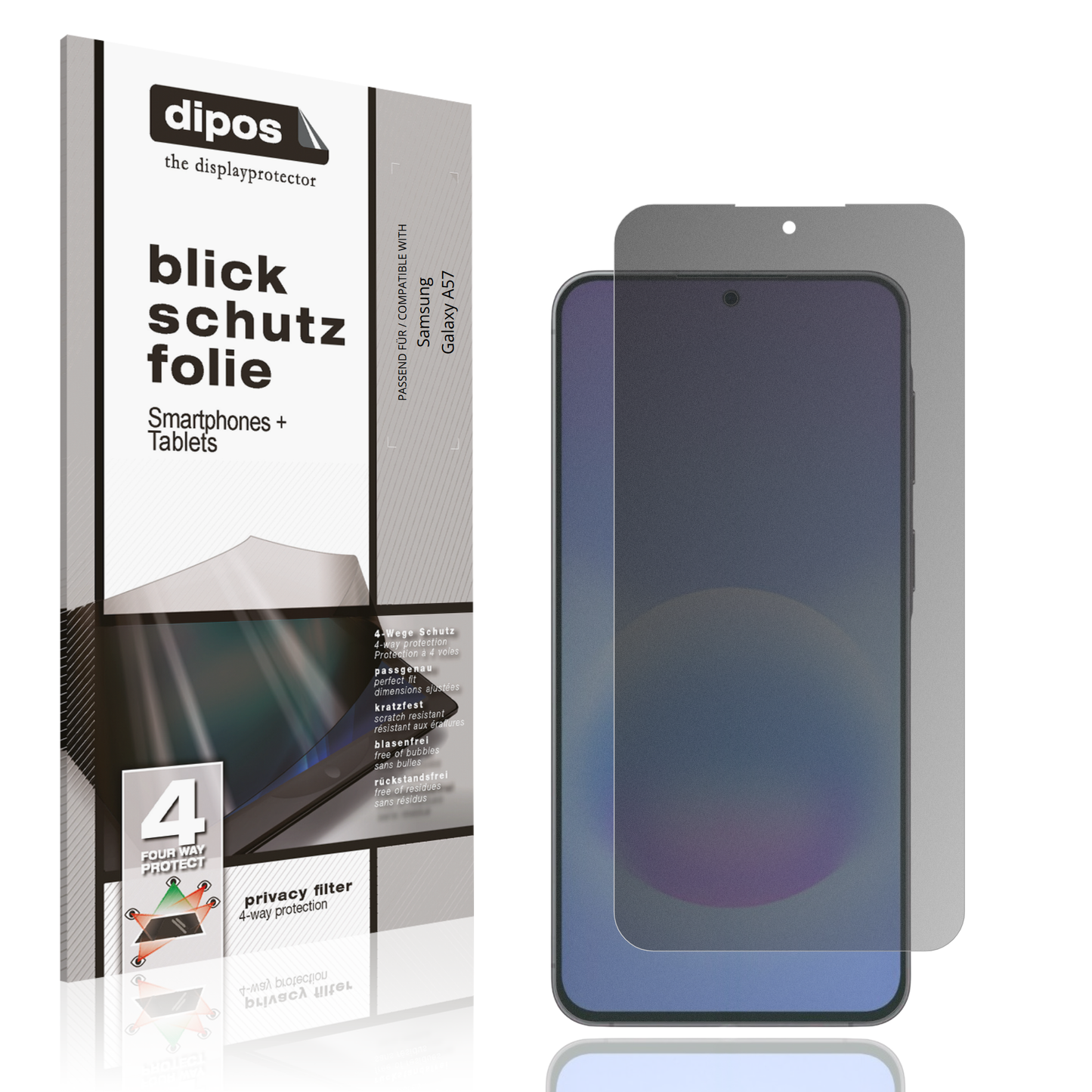 Blickschutzfolie von dipos passend für Samsung Galaxy A57, präziser Zuschnitt und blasenfrei montiert
