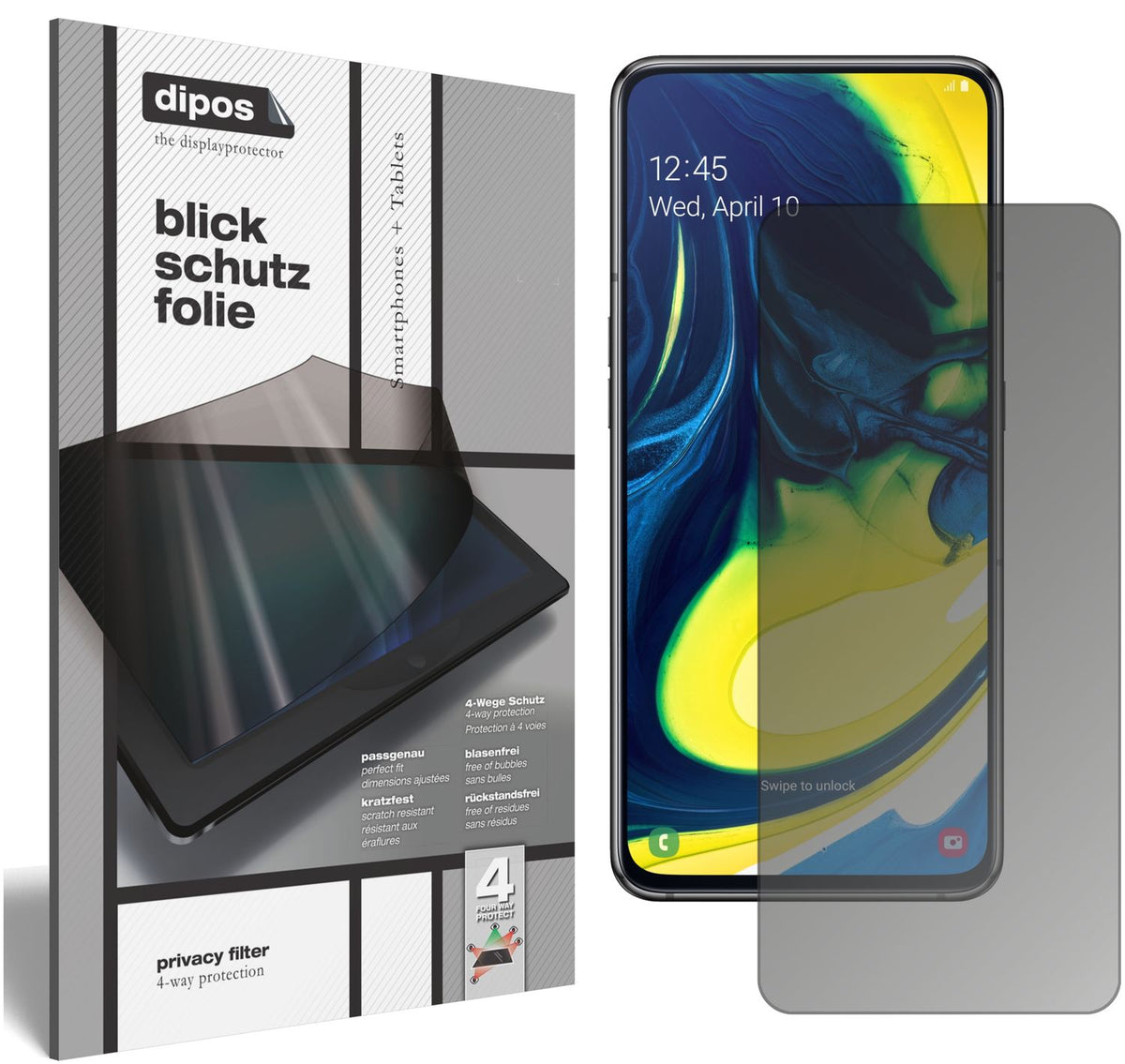 Blickschutzfolie von dipos passend für Samsung Galaxy A80, präziser Zuschnitt und blasenfrei montiert
