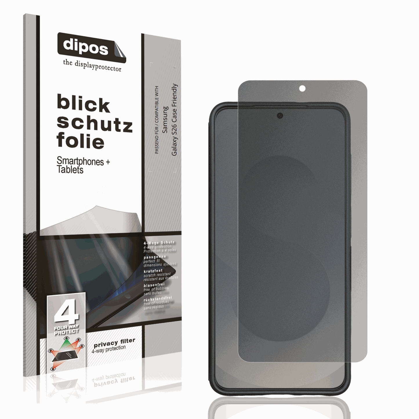 Blickschutzfolie von dipos passend f�r Samsung Galaxy S26 Case Friendly, pr�ziser Zuschnitt und blasenfrei montiert