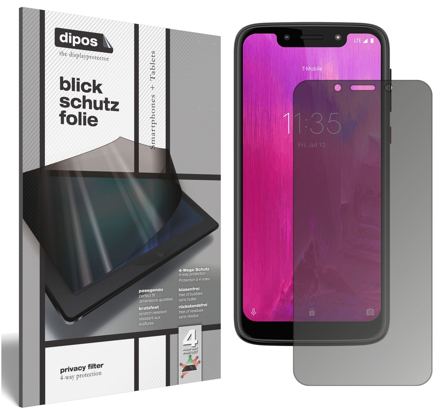 Blickschutzfolie von dipos passend für T-Mobile Revvlry, präziser Zuschnitt und blasenfrei montiert