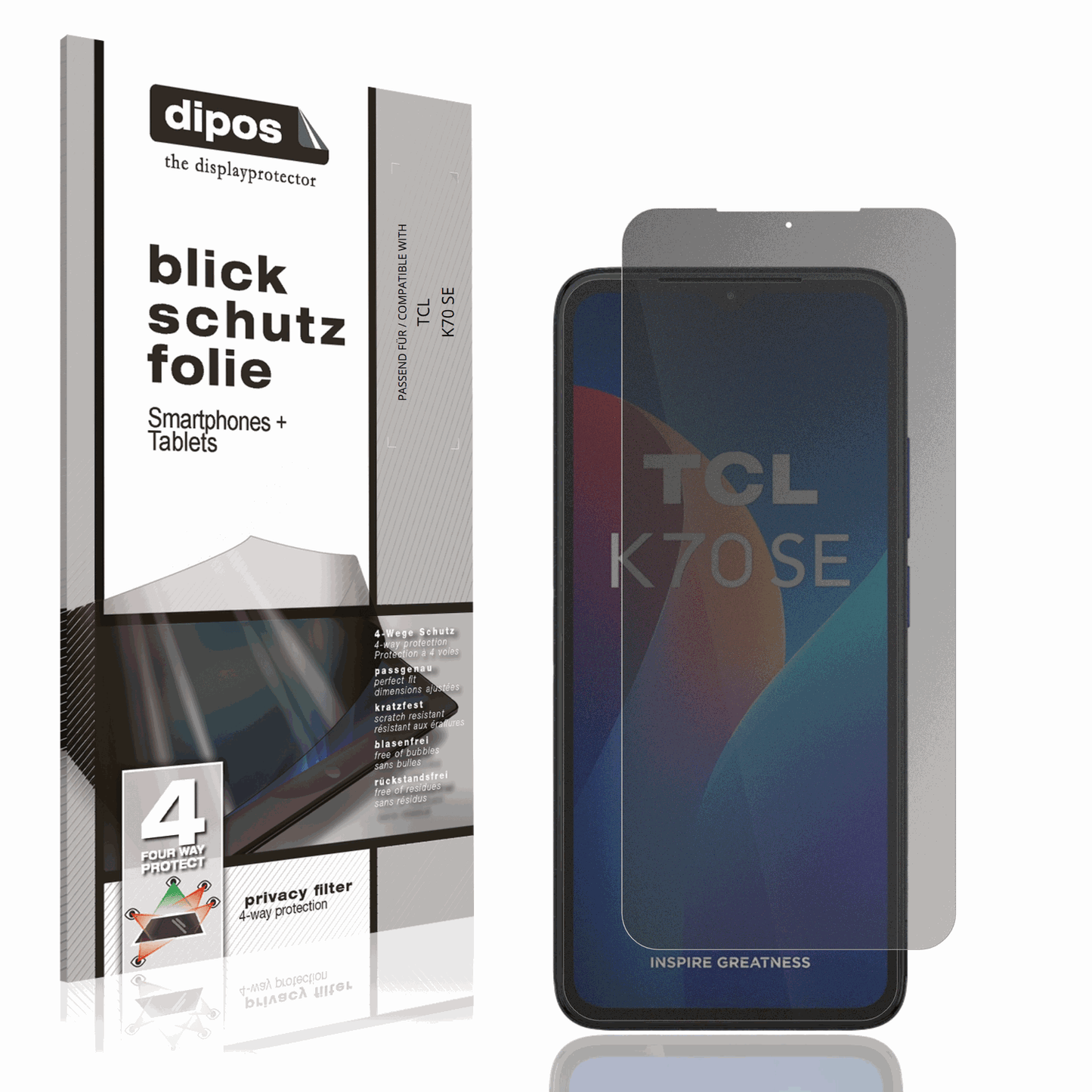 Blickschutzfolie von dipos passend für TCL K70 SE, präziser Zuschnitt und blasenfrei montiert