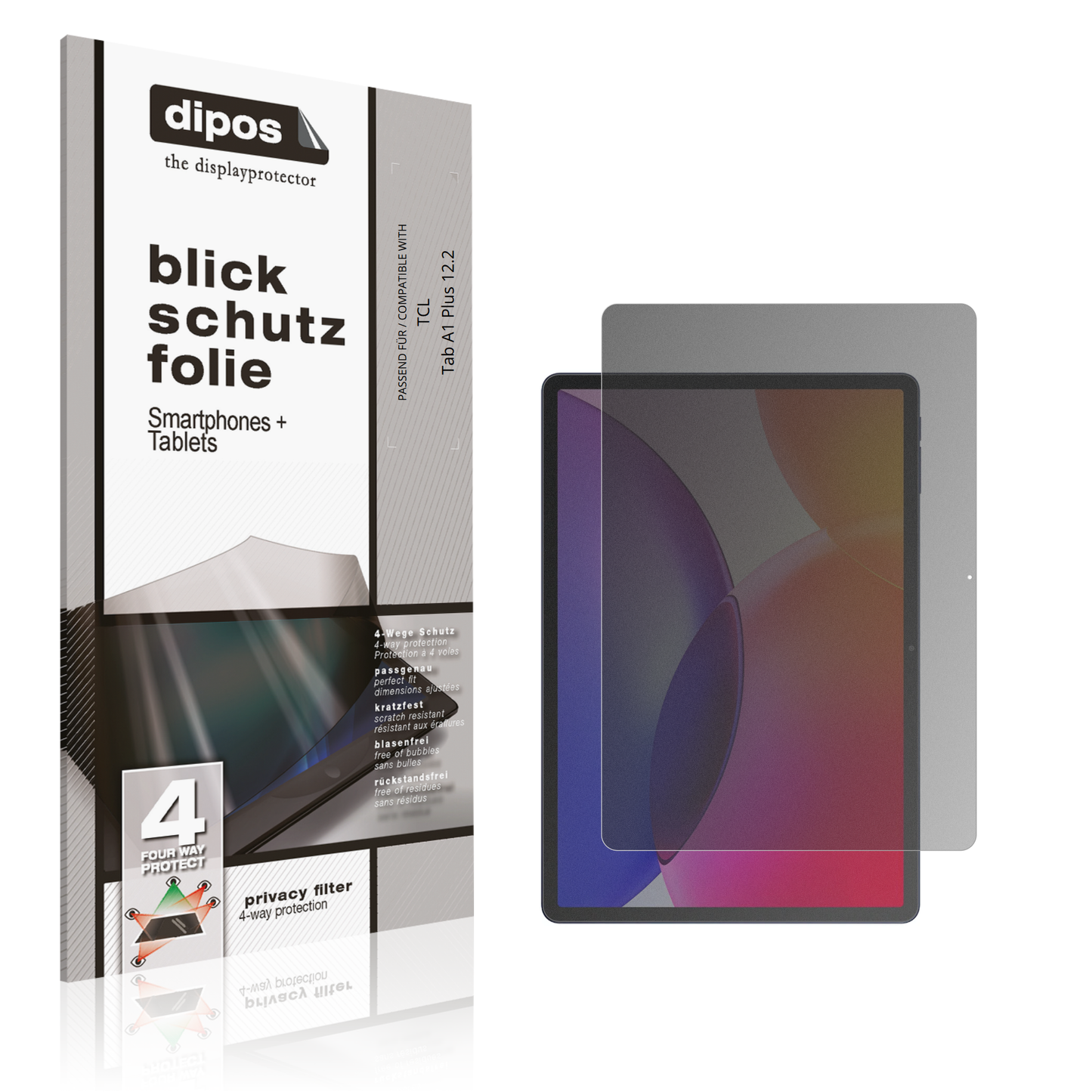 Blickschutzfolie von dipos passend für TCL Tab A1 Plus 12.2, präziser Zuschnitt und blasenfrei montiert