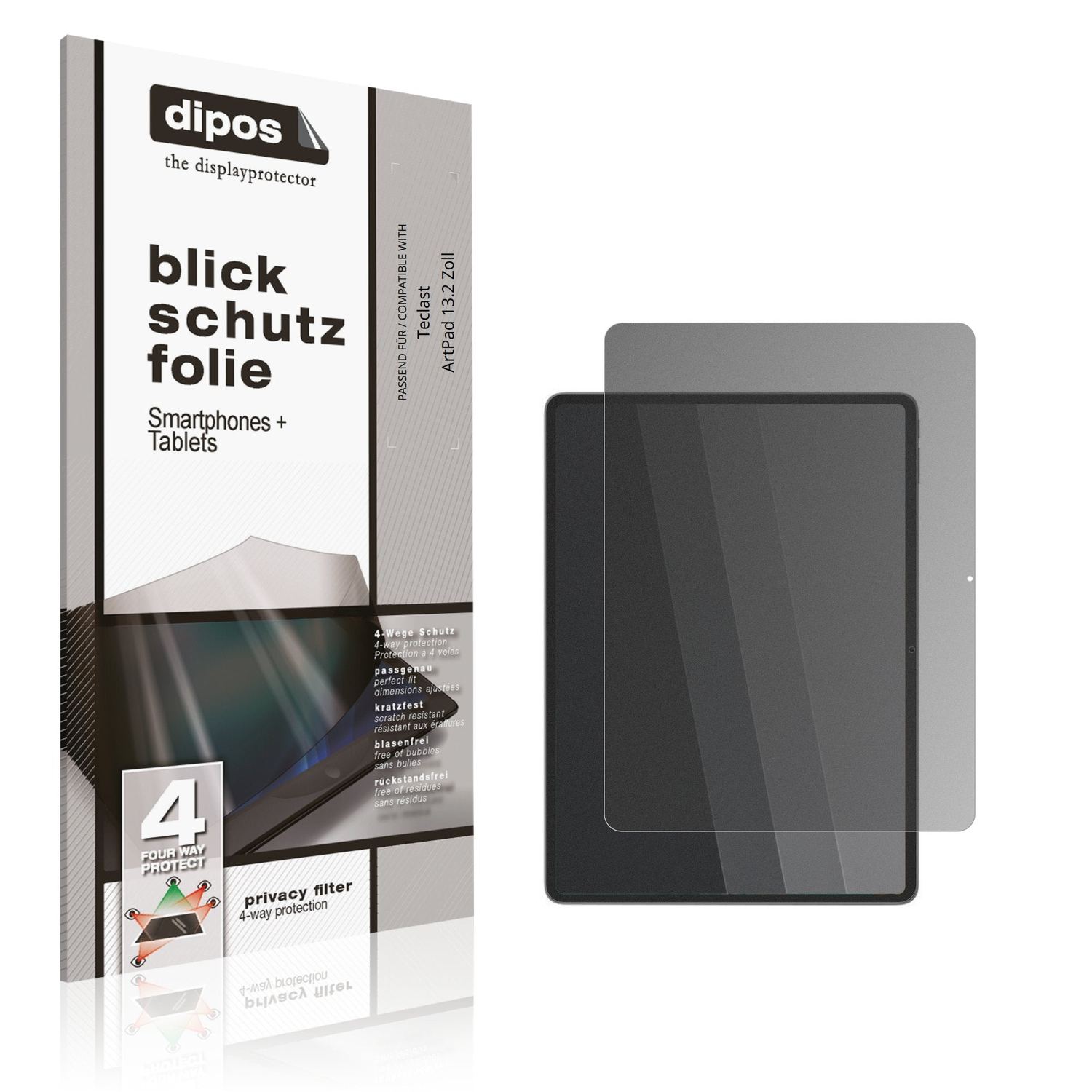 Blickschutzfolie von dipos passend für Teclast ArtPad 13.2 Zoll, präziser Zuschnitt und blasenfrei montiert