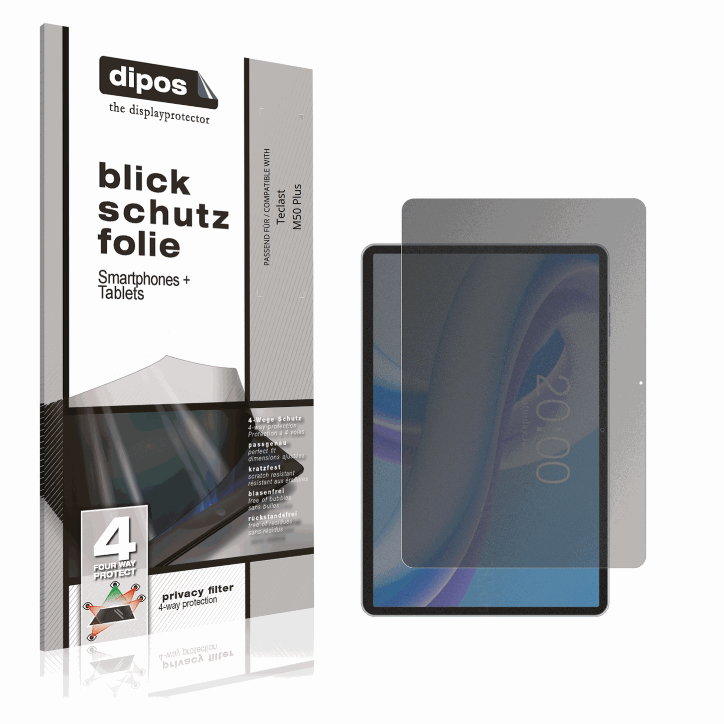 Blickschutzfolie von dipos passend für Teclast M50 Plus, präziser Zuschnitt und blasenfrei montiert