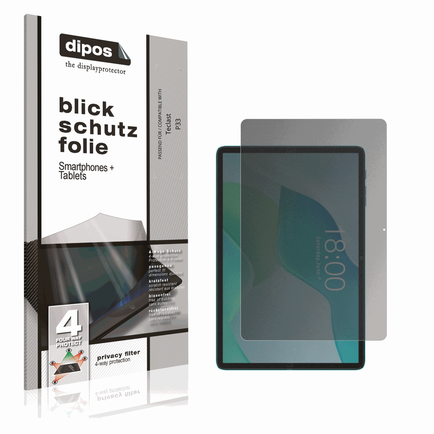 Blickschutzfolie von dipos passend für Teclast P33, präziser Zuschnitt und blasenfrei montiert
