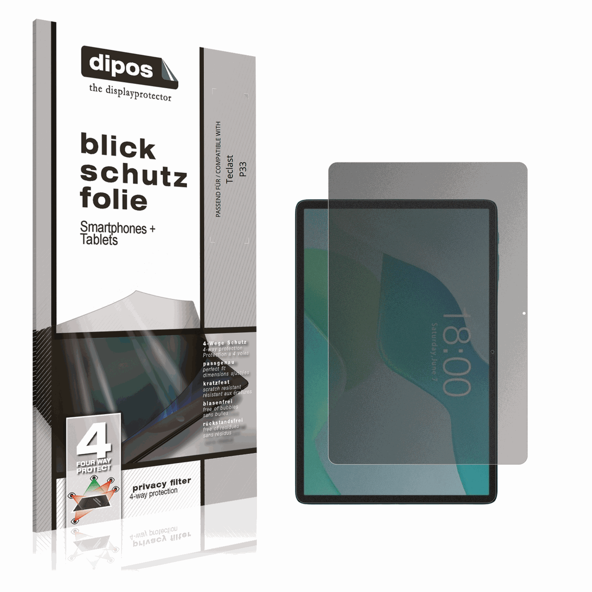 Blickschutzfolie von dipos passend für Teclast P33, präziser Zuschnitt und blasenfrei montiert