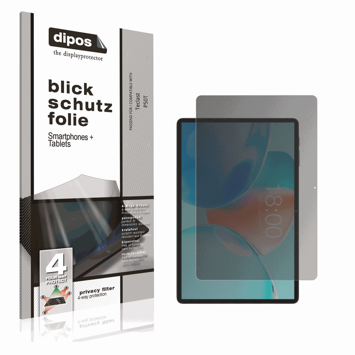 Blickschutzfolie von dipos passend für Teclast P50T, präziser Zuschnitt und blasenfrei montiert