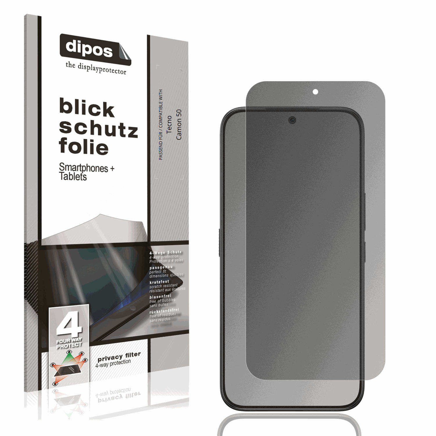 Blickschutzfolie von dipos passend für Tecno Camon 50, präziser Zuschnitt und blasenfrei montiert