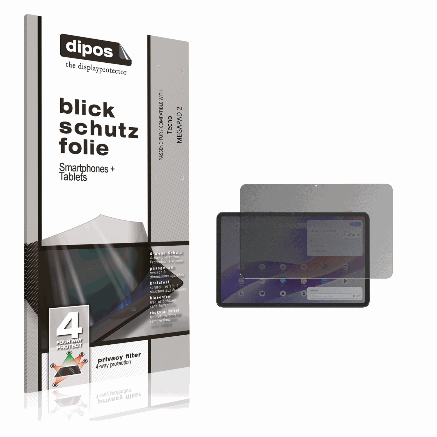 Blickschutzfolie von dipos passend für Tecno MEGAPAD 2, präziser Zuschnitt und blasenfrei montiert