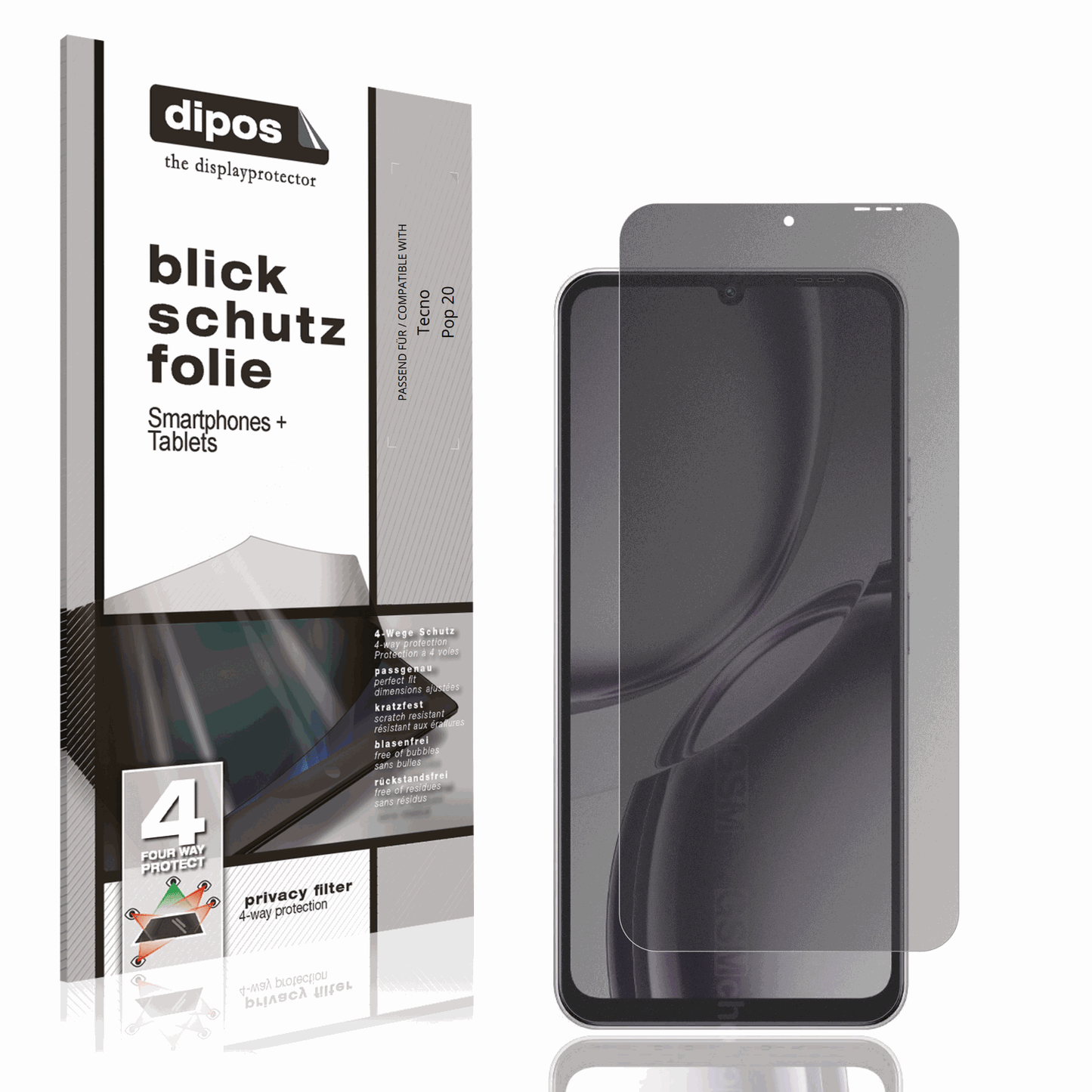 Blickschutzfolie von dipos passend für Tecno Pop 20, präziser Zuschnitt und blasenfrei montiert