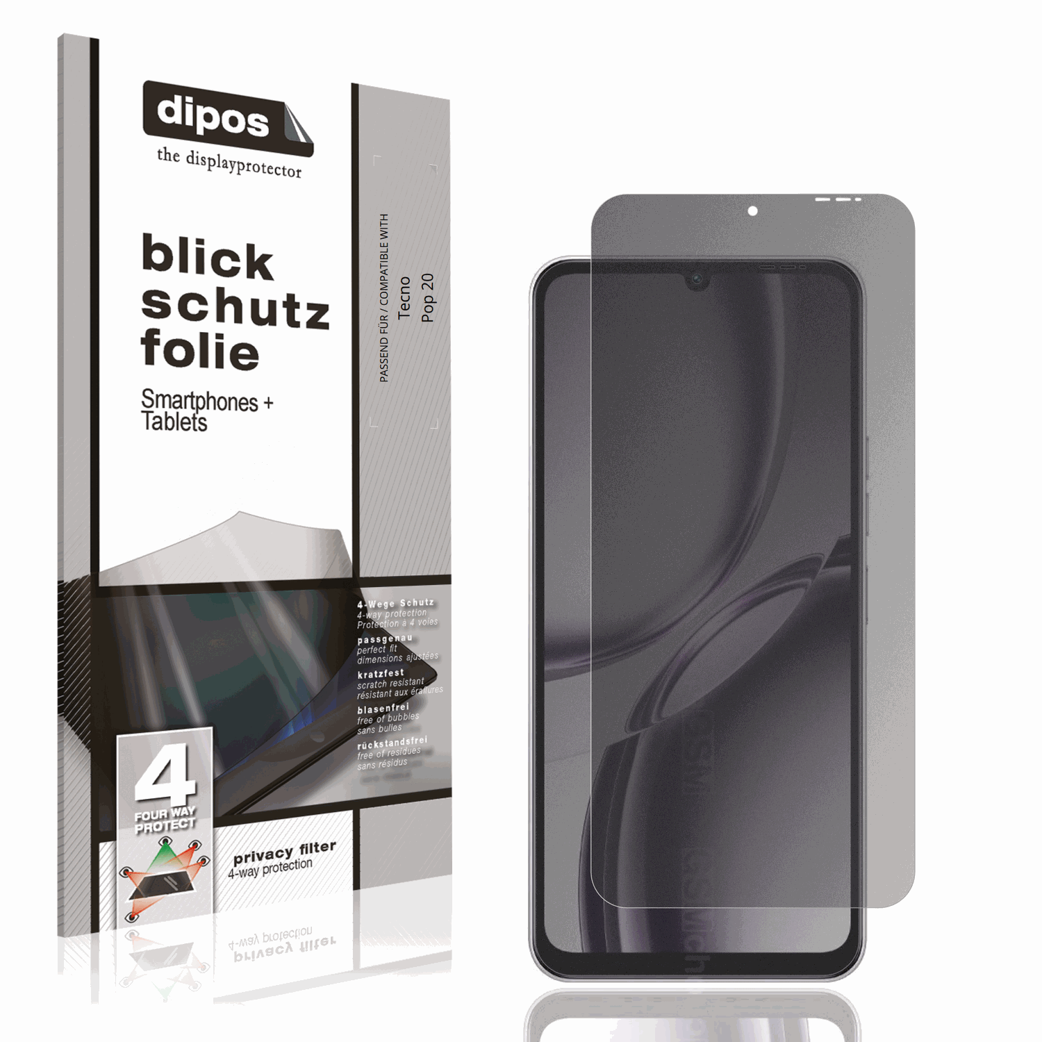 Blickschutzfolie von dipos passend für Tecno Pop 20, präziser Zuschnitt und blasenfrei montiert