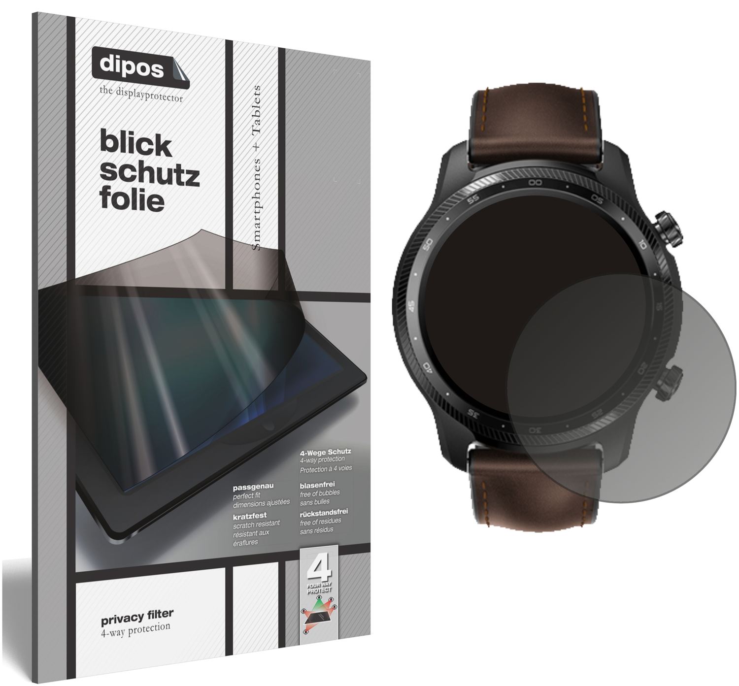 Blickschutzfolie von dipos passend für TicWatch Pro X, präziser Zuschnitt und blasenfrei montiert