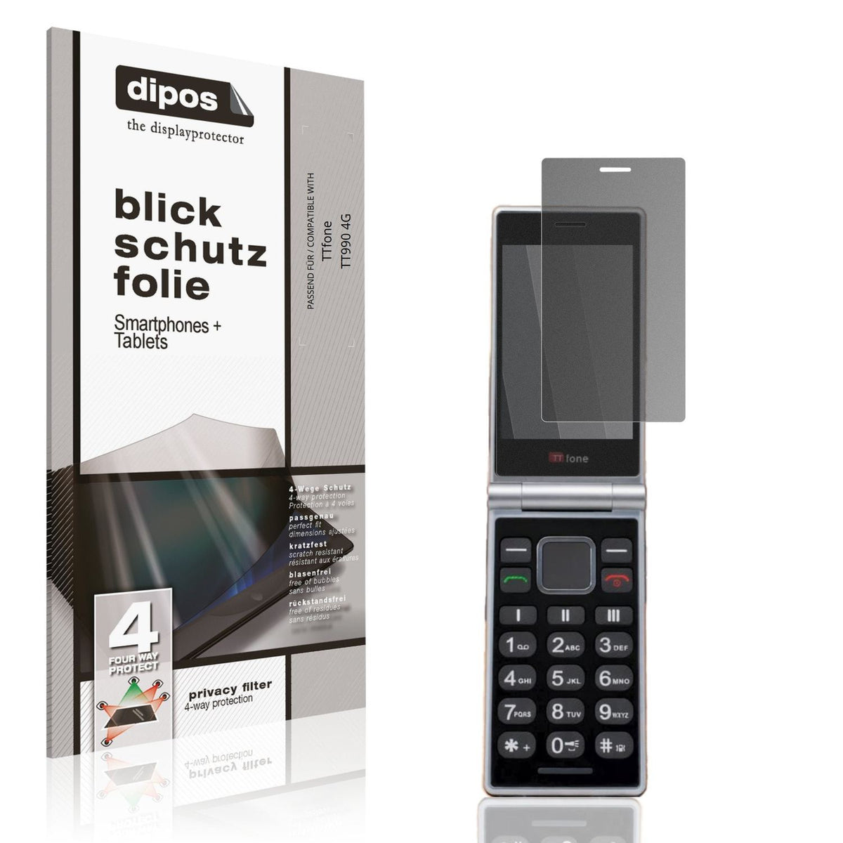 Blickschutzfolie von dipos passend für TTfone TT990 4G, präziser Zuschnitt und blasenfrei montiert
