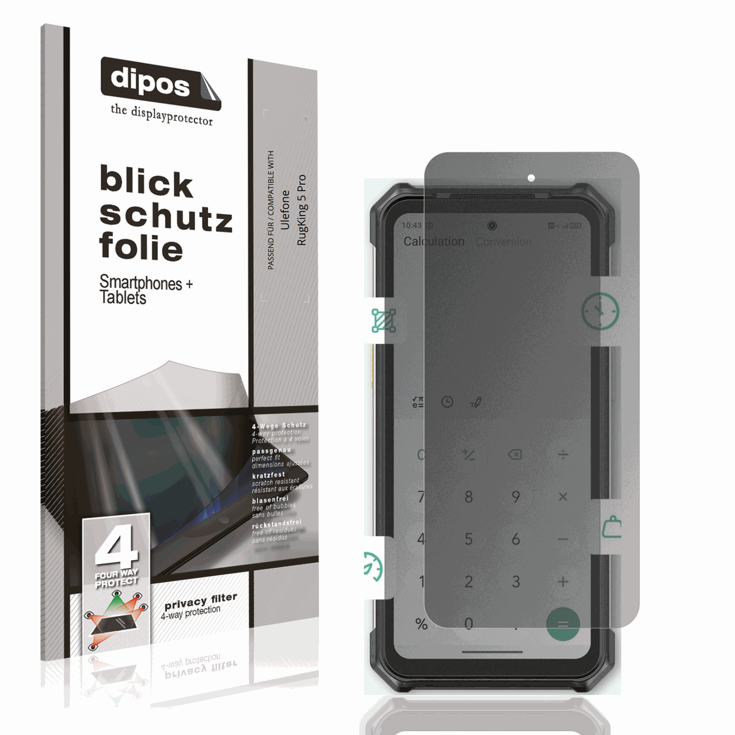 Blickschutzfolie von dipos passend für Ulefone RugKing 5 Pro, präziser Zuschnitt und blasenfrei montiert