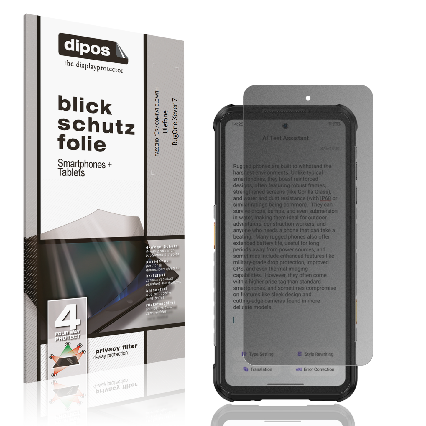 Blickschutzfolie von dipos passend für Ulefone RugOne Xever 7, präziser Zuschnitt und blasenfrei montiert