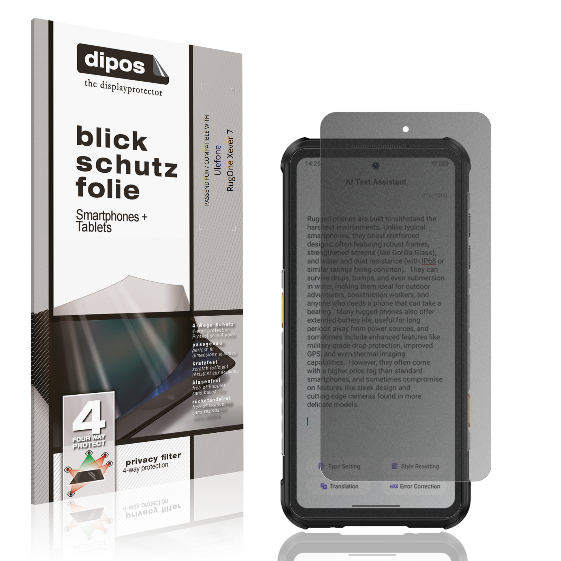 Blickschutzfolie von dipos passend für Ulefone RugOne Xever 7, präziser Zuschnitt und blasenfrei montiert