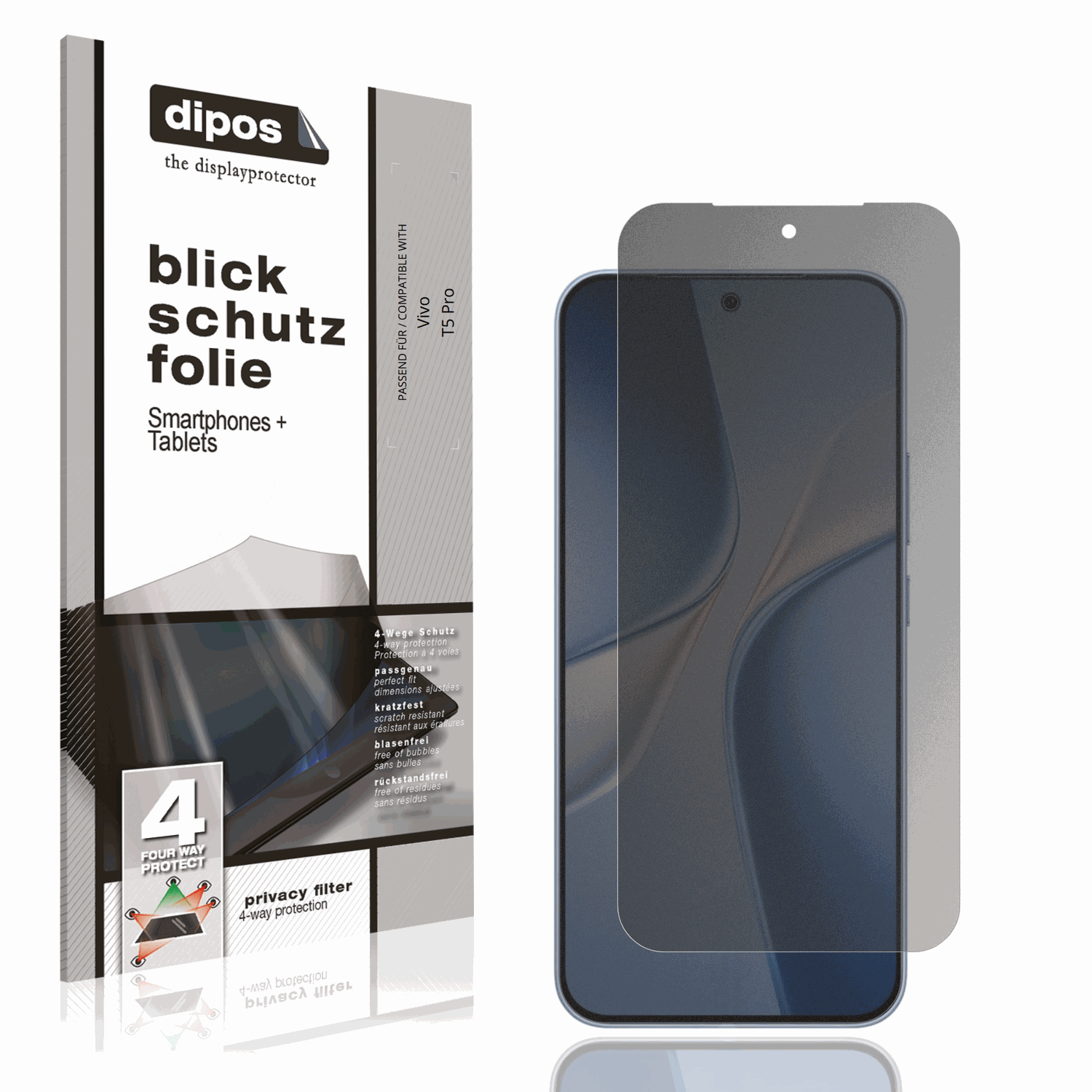 Blickschutzfolie von dipos passend für Vivo T5 Pro, präziser Zuschnitt und blasenfrei montiert