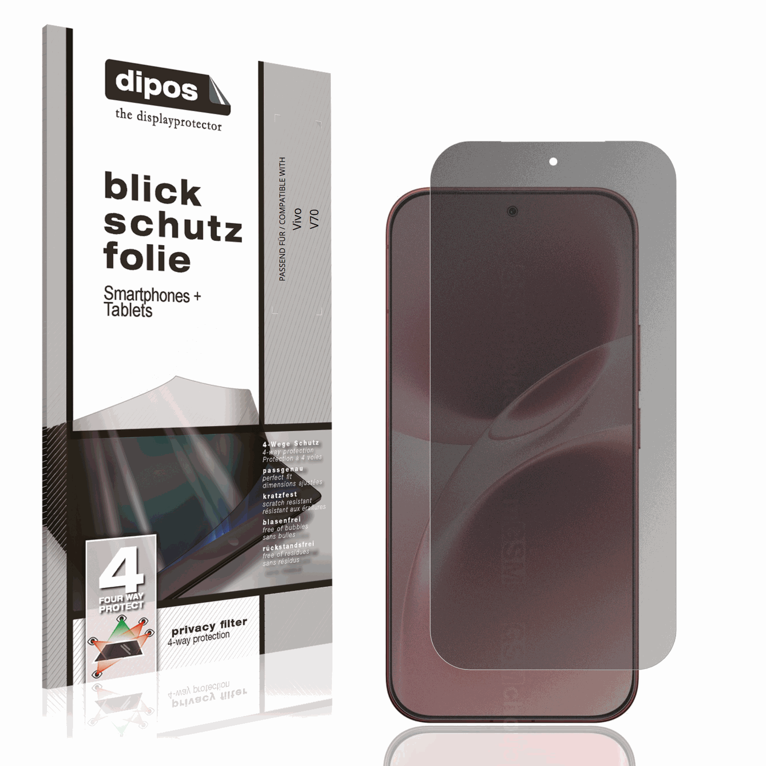 Blickschutzfolie von dipos passend für Vivo V70, präziser Zuschnitt und blasenfrei montiert