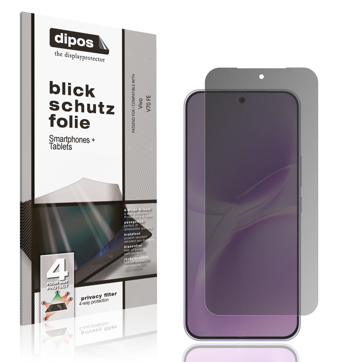 Blickschutzfolie von dipos passend für Vivo V70 FE, präziser Zuschnitt und blasenfrei montiert