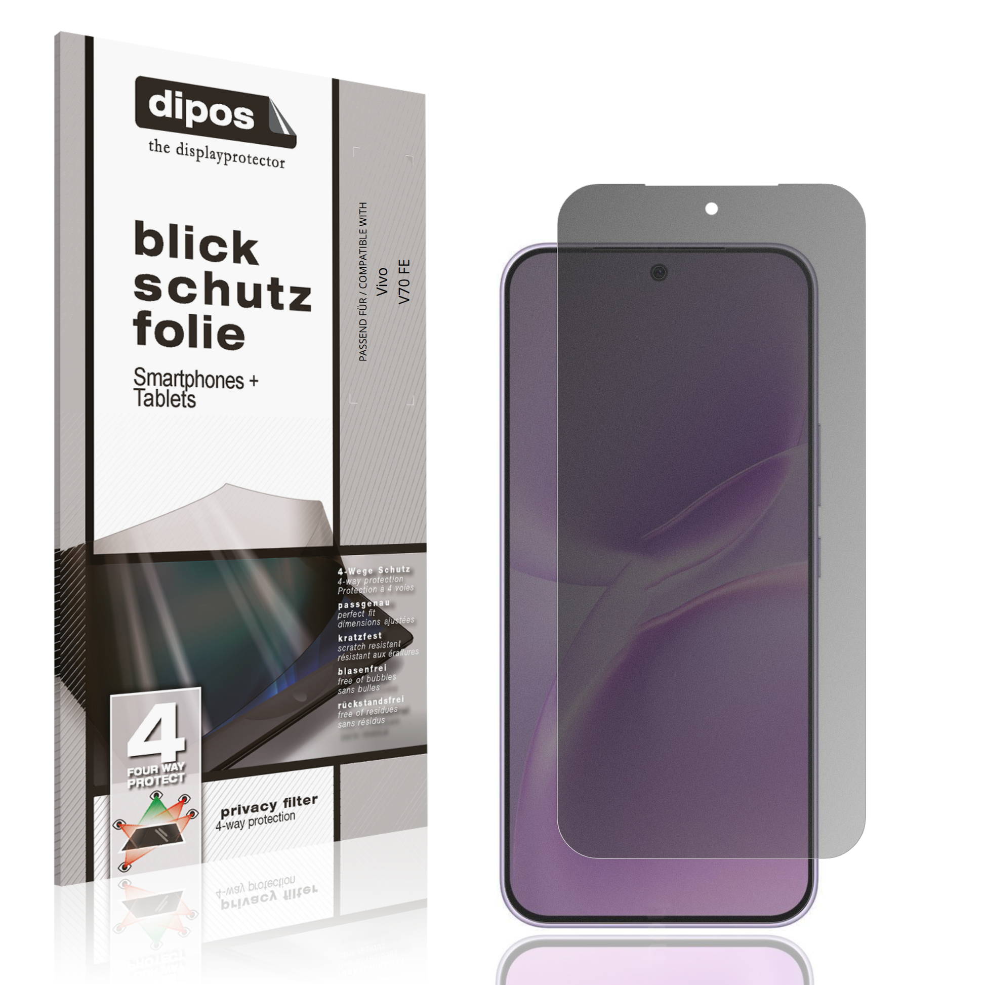 Blickschutzfolie von dipos passend für Vivo V70 FE, präziser Zuschnitt und blasenfrei montiert