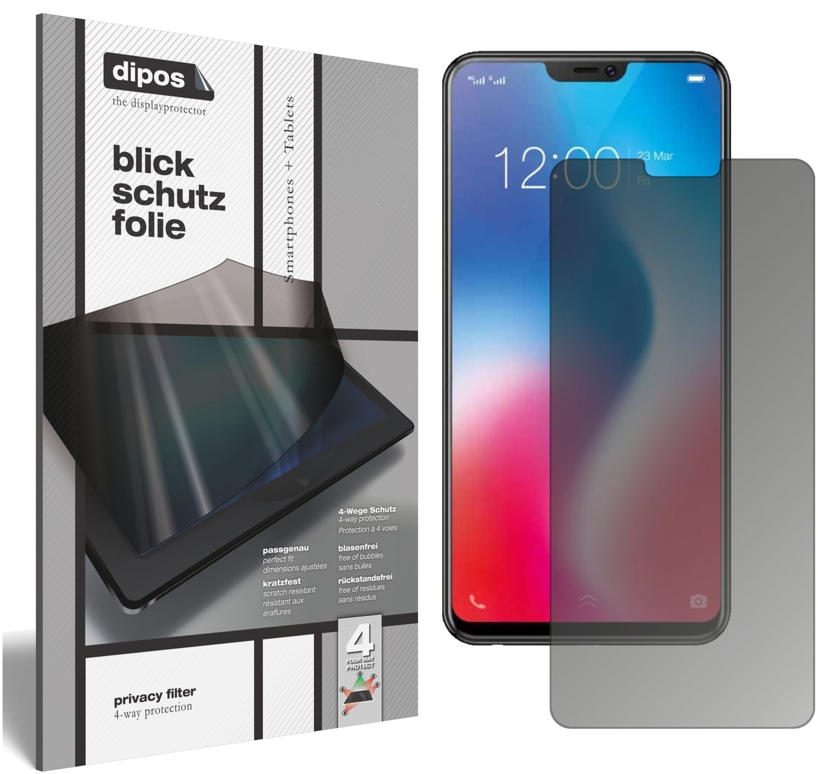 Blickschutzfolie von dipos passend für Vivo V9, präziser Zuschnitt und blasenfrei montiert