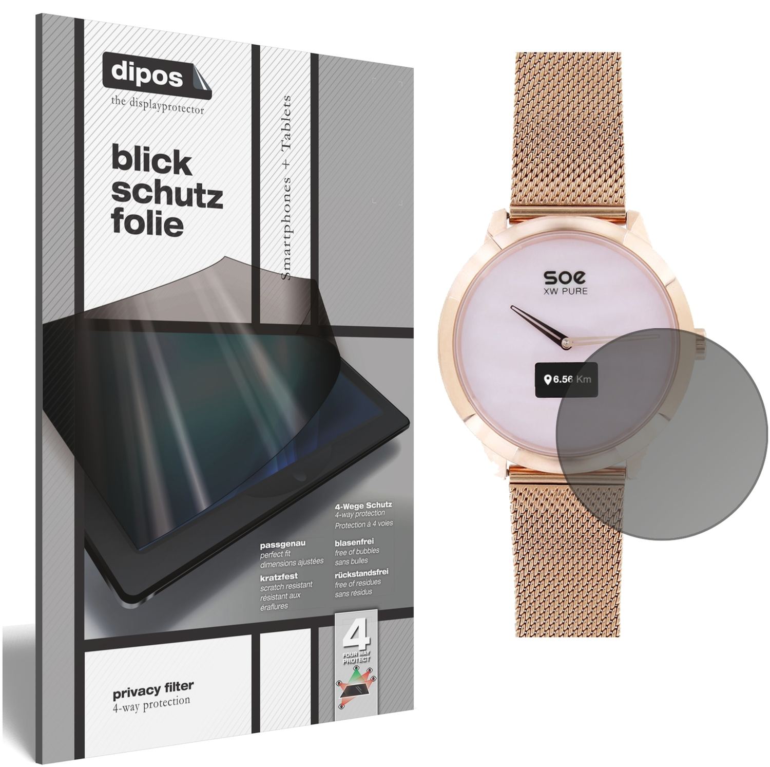 Blickschutzfolie von dipos passend für X-WATCH SOE XW Pure, präziser Zuschnitt und blasenfrei montiert