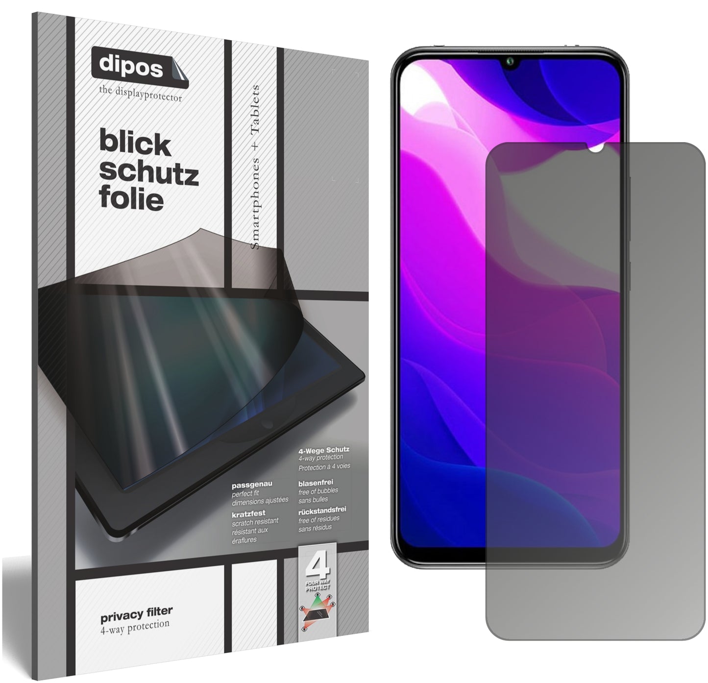 Blickschutzfolie von dipos passend für Xiaomi Mi 10 Lite 5G, präziser Zuschnitt und blasenfrei montiert