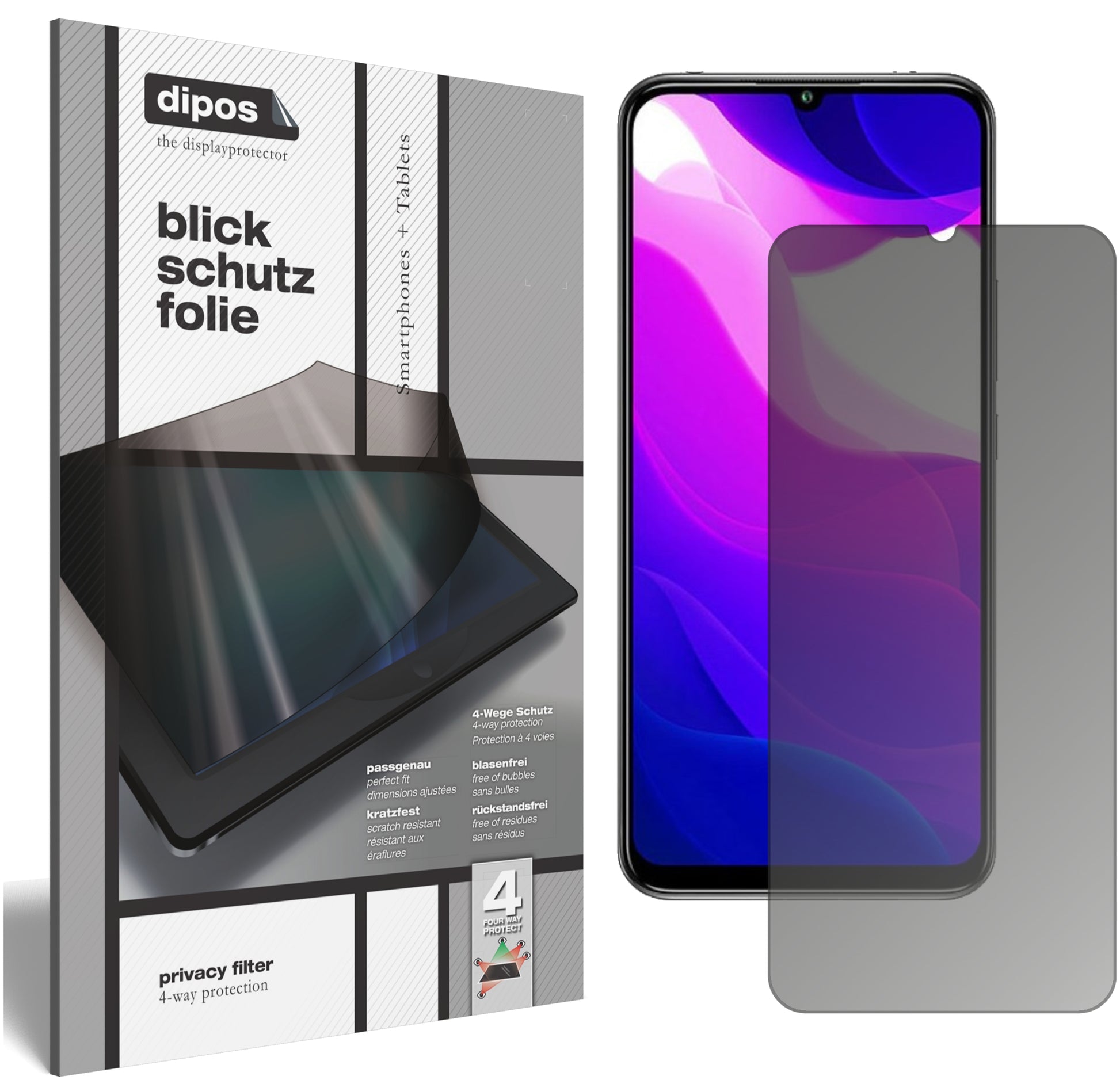 Blickschutzfolie von dipos passend für Xiaomi Mi 10 Lite 5G, präziser Zuschnitt und blasenfrei montiert