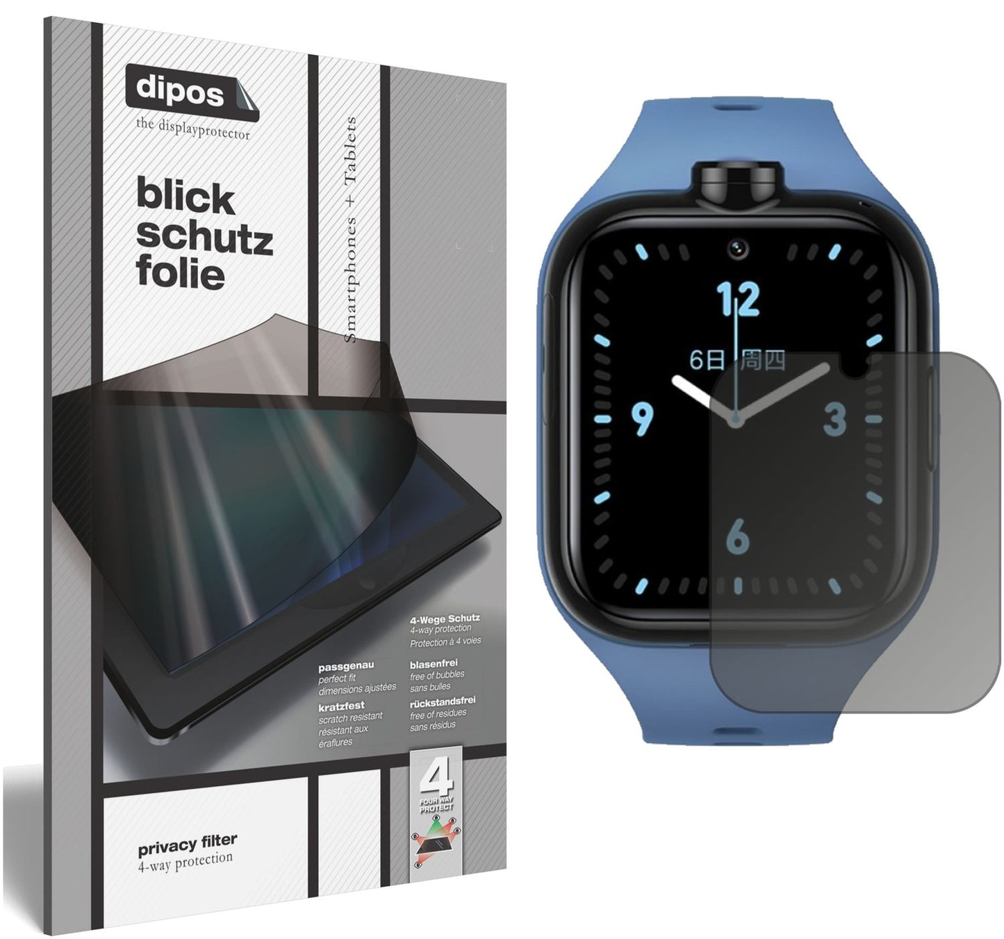 Blickschutzfolie von dipos passend für Xiaomi Mi Kids Watch 4, präziser Zuschnitt und blasenfrei montiert