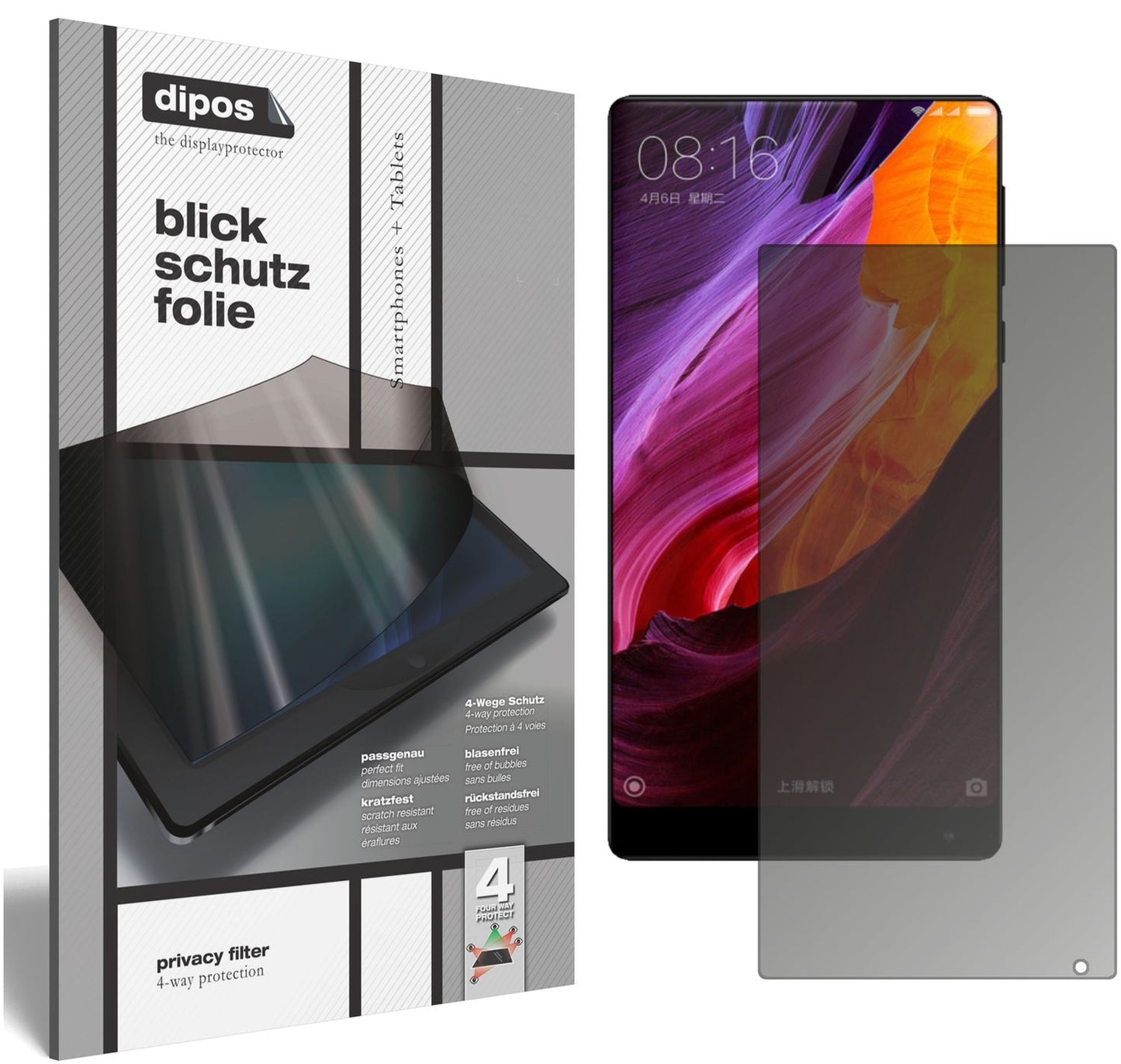 Blickschutzfolie von dipos passend für Xiaomi Mi MIX 2, präziser Zuschnitt und blasenfrei montiert