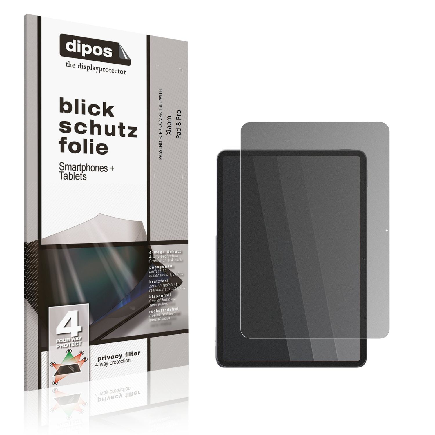 Blickschutzfolie von dipos passend für Xiaomi Pad 8 Pro, präziser Zuschnitt und blasenfrei montiert