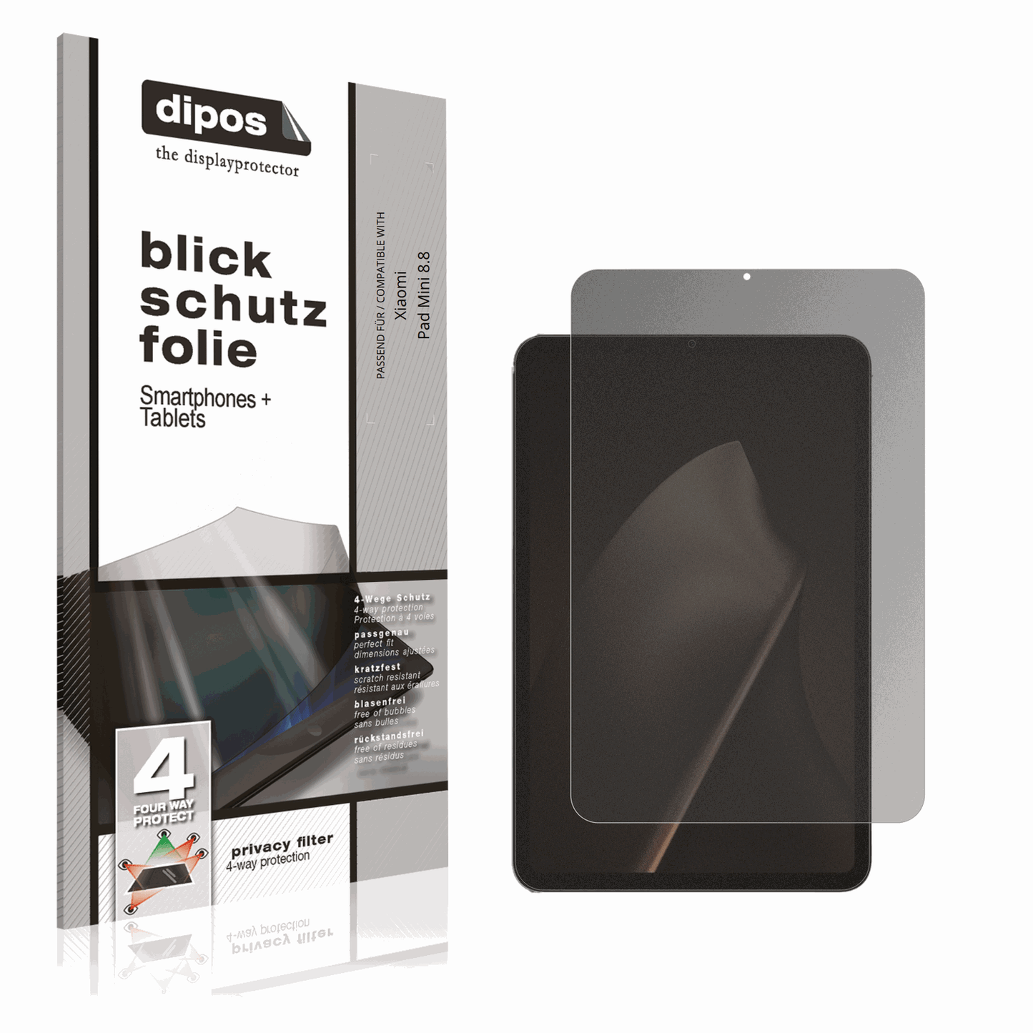Blickschutzfolie von dipos passend für Xiaomi Pad Mini 8.8, präziser Zuschnitt und blasenfrei montiert
