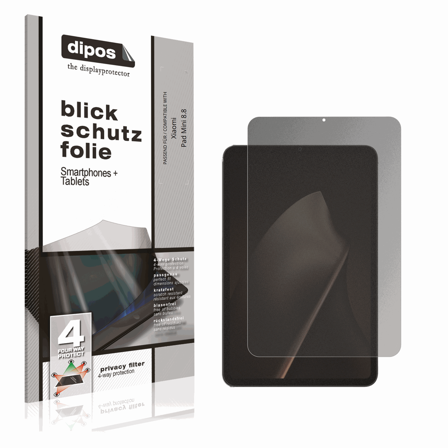 Blickschutzfolie von dipos passend für Xiaomi Pad Mini 8.8, präziser Zuschnitt und blasenfrei montiert