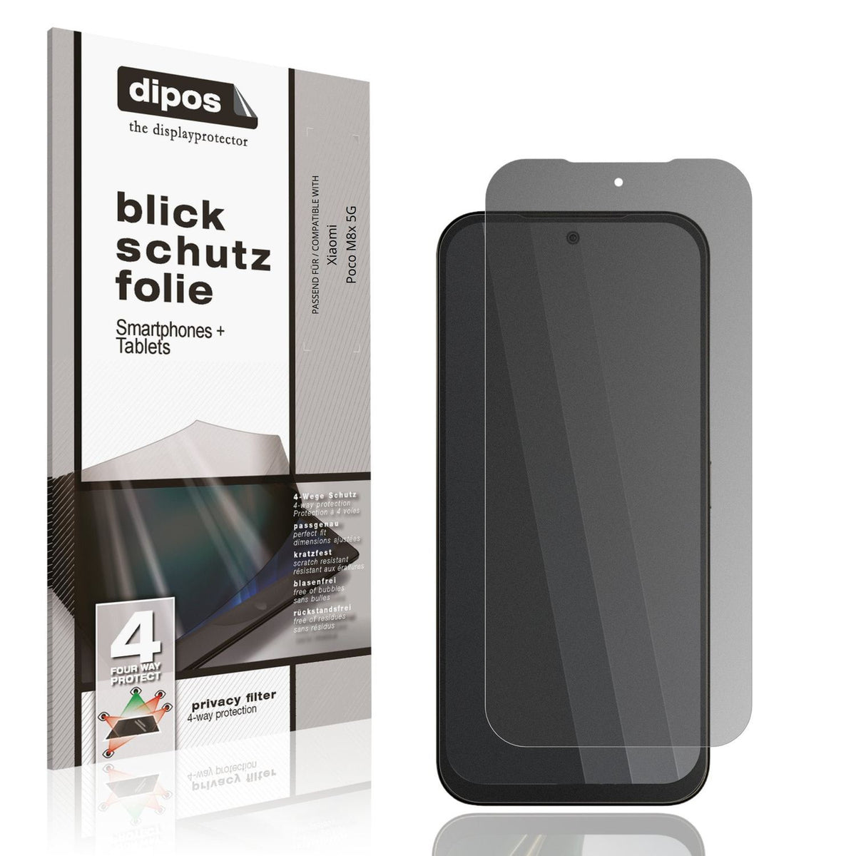 Blickschutzfolie von dipos passend für Xiaomi Poco M8x 5G, präziser Zuschnitt und blasenfrei montiert