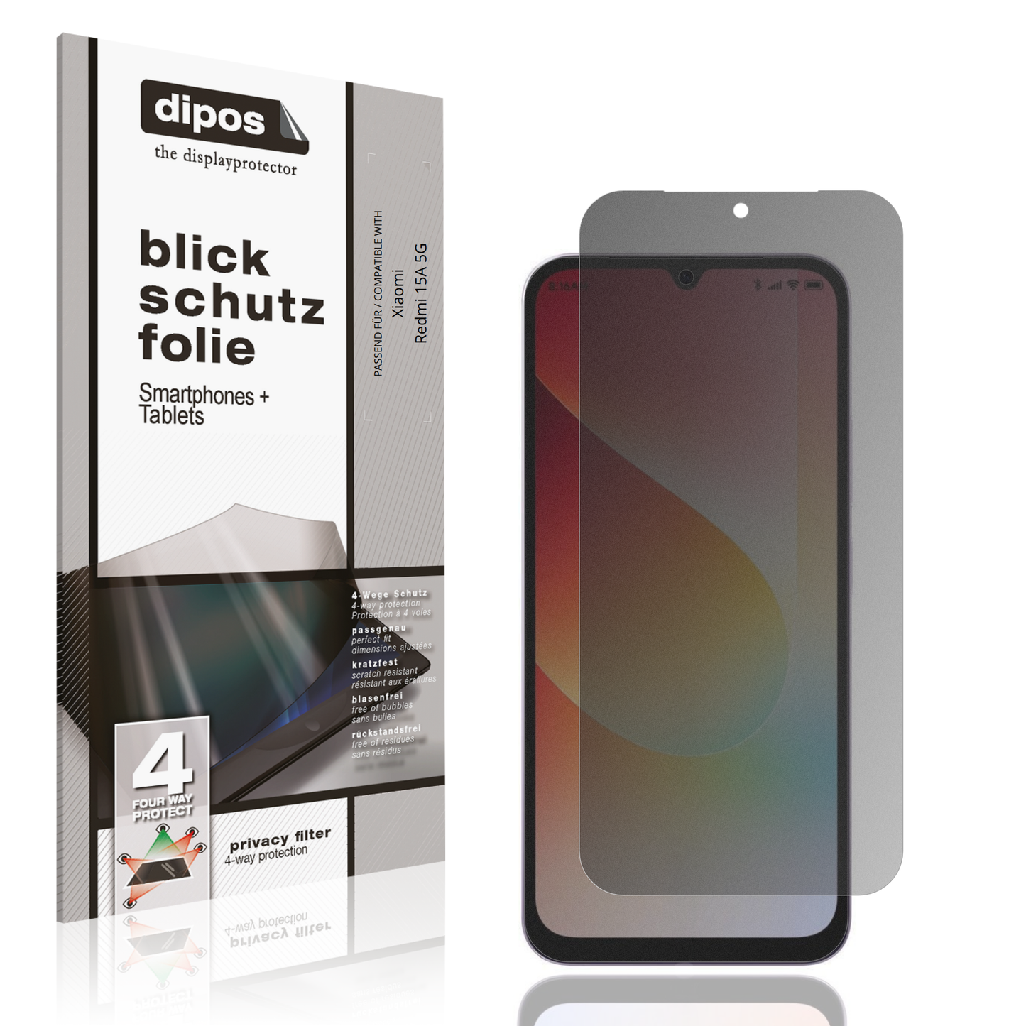 Blickschutzfolie von dipos passend für Xiaomi Redmi 15A 5G, präziser Zuschnitt und blasenfrei montiert