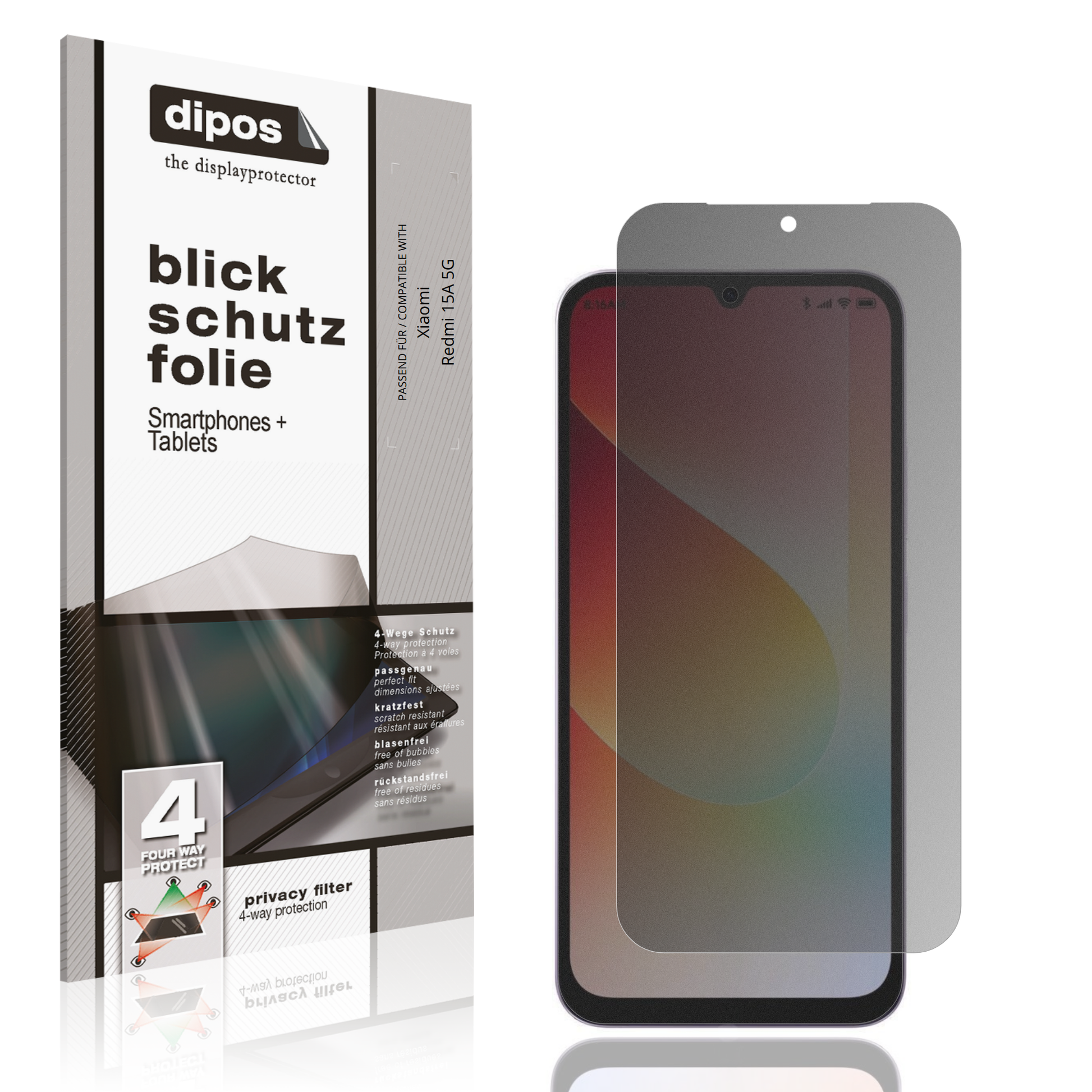 Blickschutzfolie von dipos passend für Xiaomi Redmi 15A 5G, präziser Zuschnitt und blasenfrei montiert