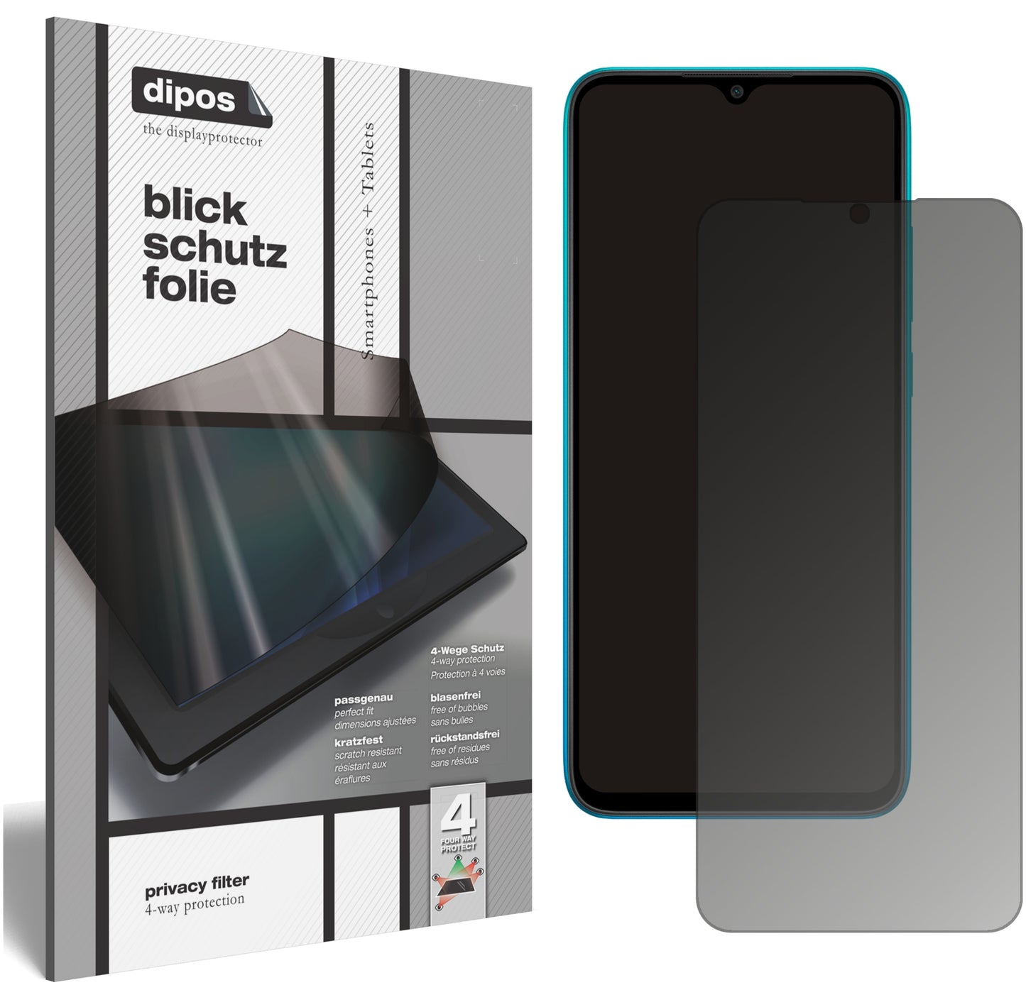Blickschutzfolie von dipos passend für Xiaomi Redmi 9i Sport, präziser Zuschnitt und blasenfrei montiert