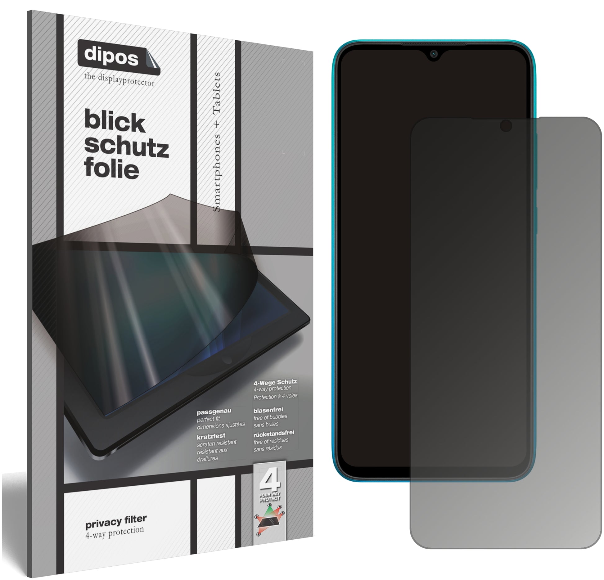 Blickschutzfolie von dipos passend für Xiaomi Redmi 9i Sport, präziser Zuschnitt und blasenfrei montiert