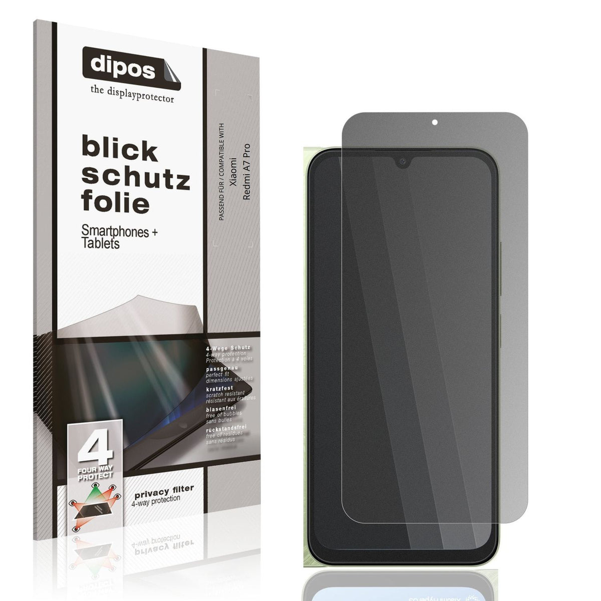 Blickschutzfolie von dipos passend für Xiaomi Redmi A7 Pro, präziser Zuschnitt und blasenfrei montiert