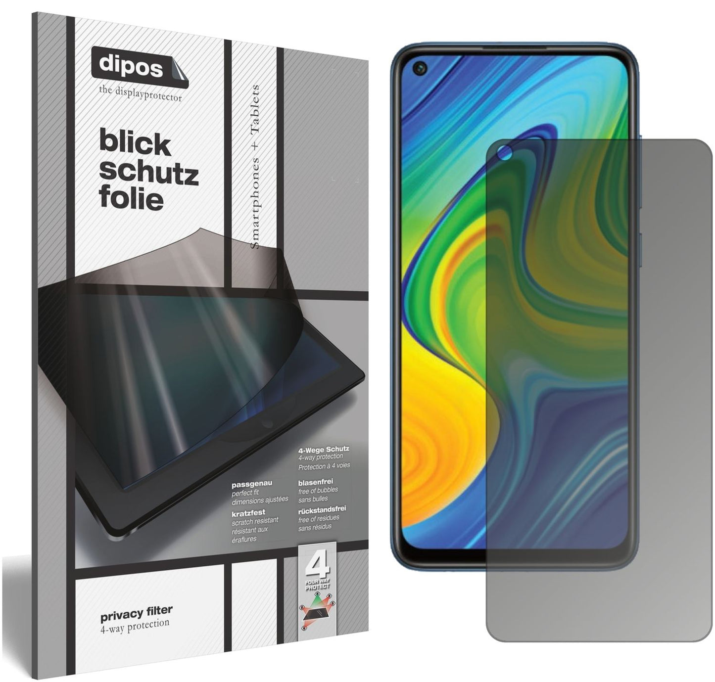 Blickschutzfolie von dipos passend für Xiaomi Redmi Note 9, präziser Zuschnitt und blasenfrei montiert