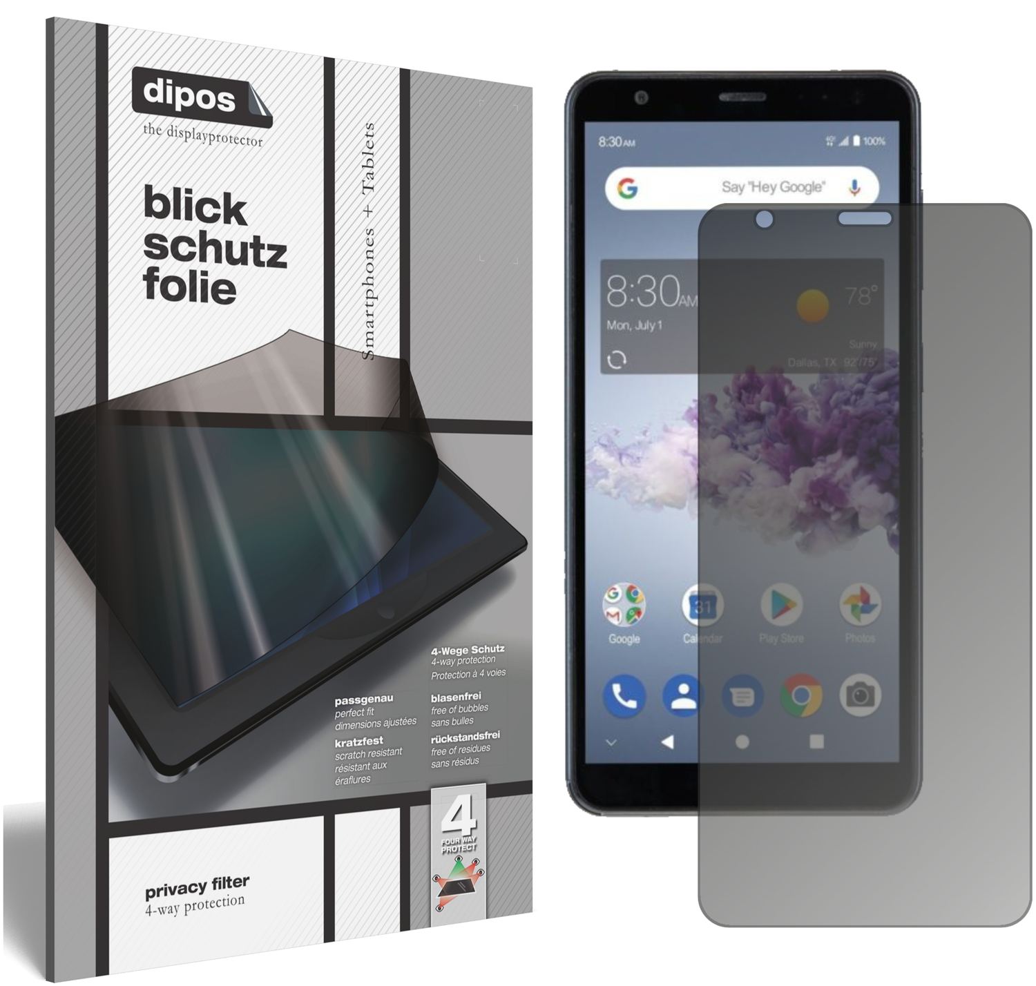 Blickschutzfolie von dipos passend für ZTE Blade A3 Prime, präziser Zuschnitt und blasenfrei montiert