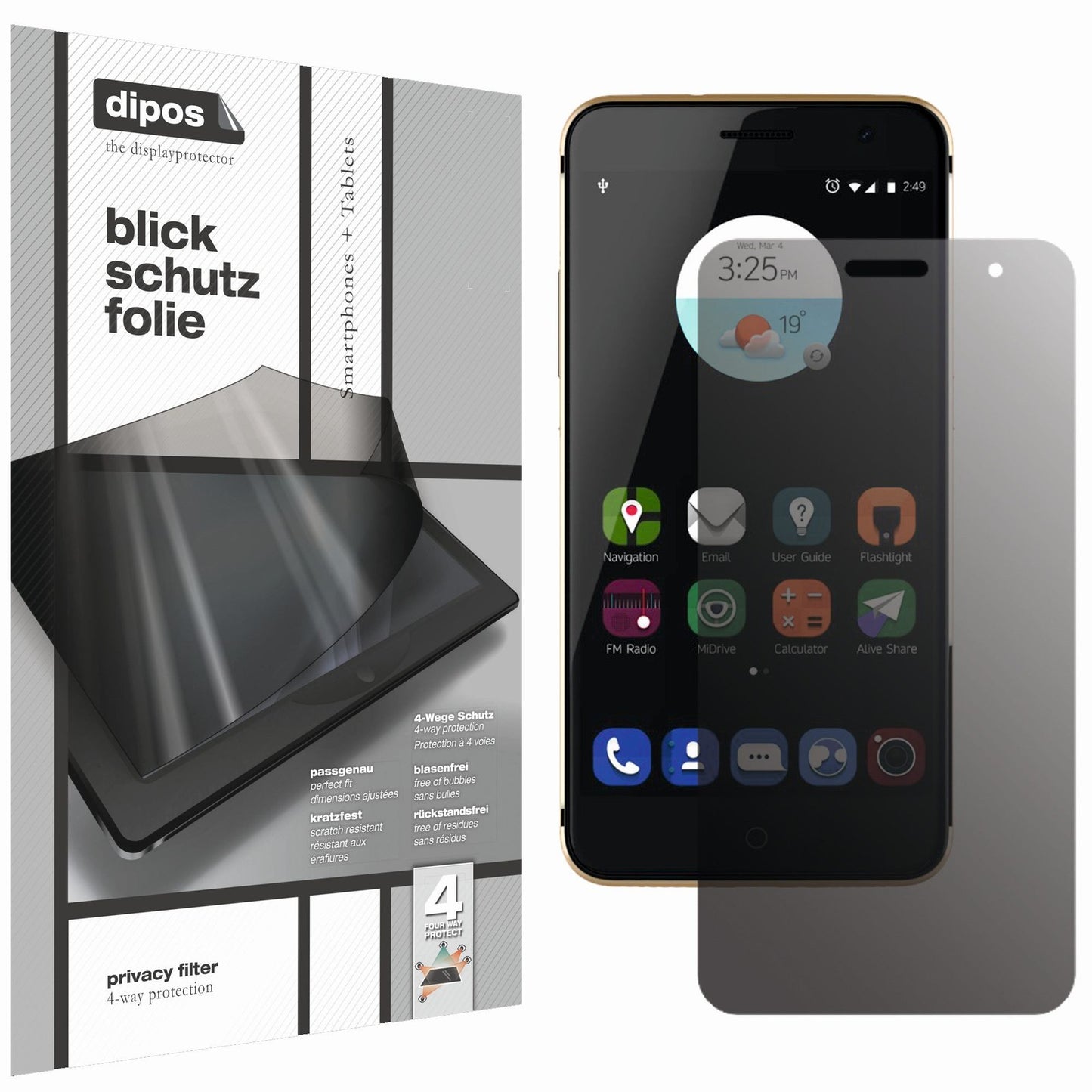 Blickschutzfolie von dipos passend für ZTE Blade V7, präziser Zuschnitt und blasenfrei montiert