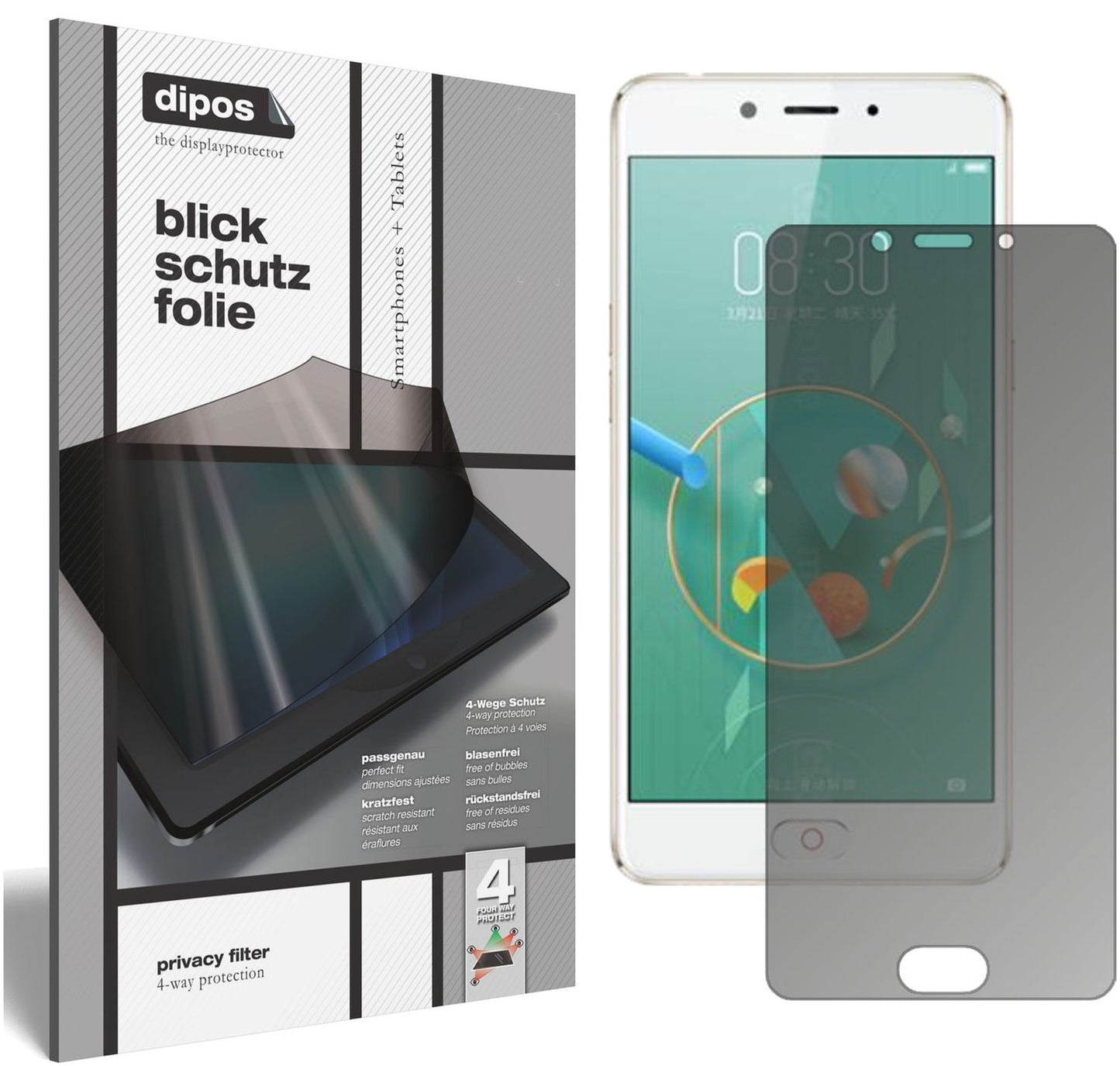 Blickschutzfolie von dipos passend für ZTE Nubia N2, präziser Zuschnitt und blasenfrei montiert