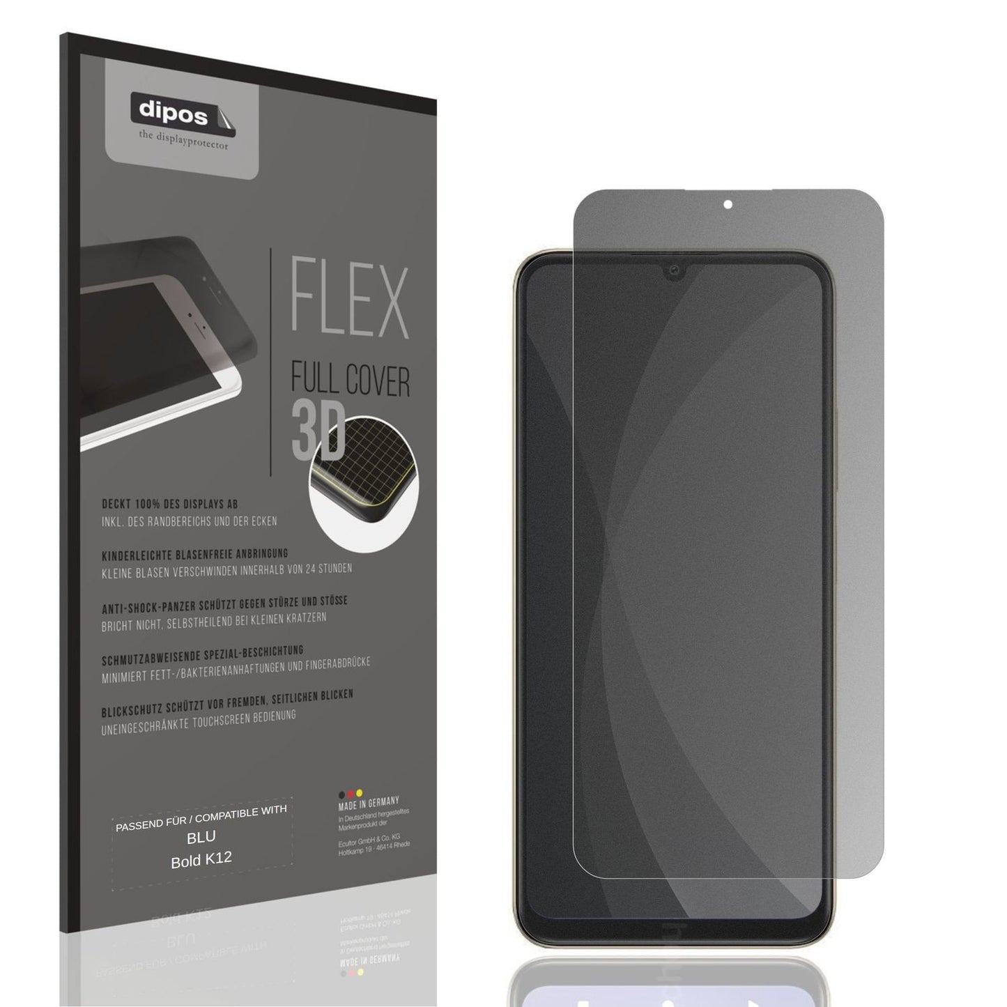 Blickschutzfolie von dipos passend für BLU Bold K12, 100% Displayabdeckung und blasenfreie Montage
