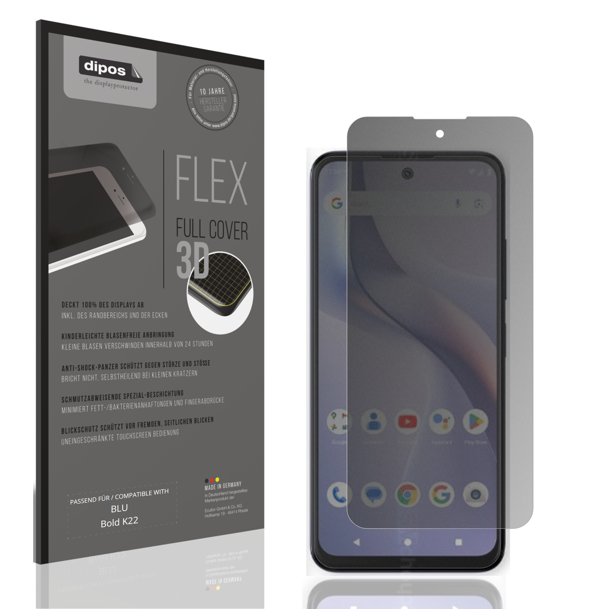 Blickschutzfolie von dipos passend für BLU Bold K22, 100% Displayabdeckung und blasenfreie Montage