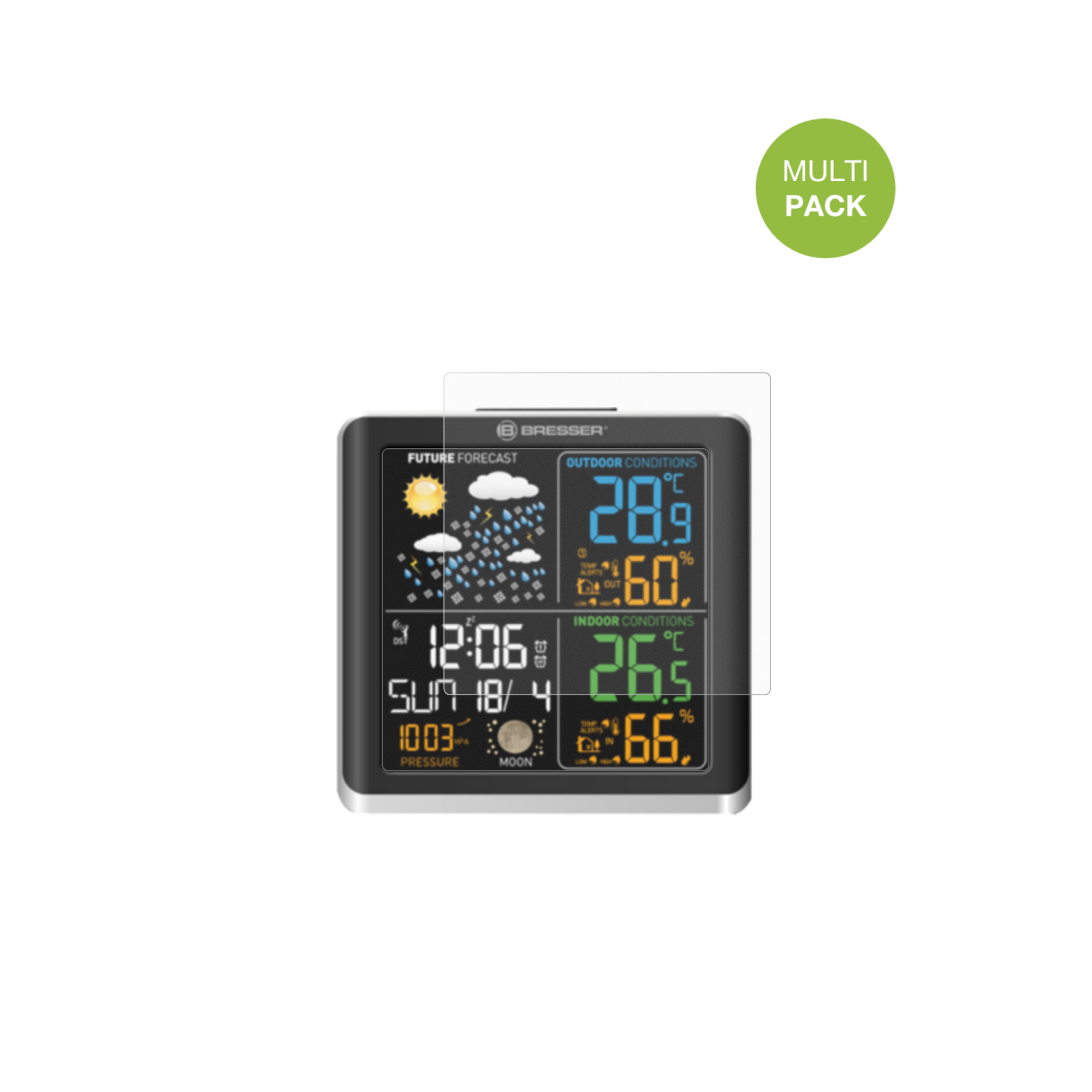 BresserClimaTemp Digital mit aufgebrachter dipos Displayschutzfolie, die lästige Fingerabdrücke minimiert