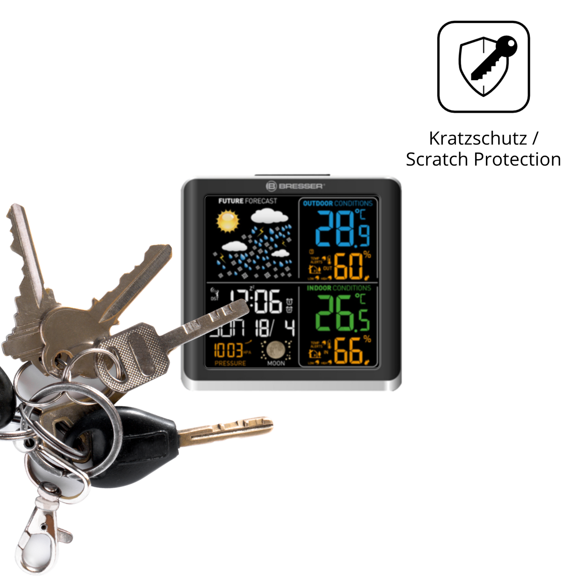 Schutz gegen Kratzer auf dem Bresser ClimaTemp Digital Glas durch Schlüssel oder Ähnliches