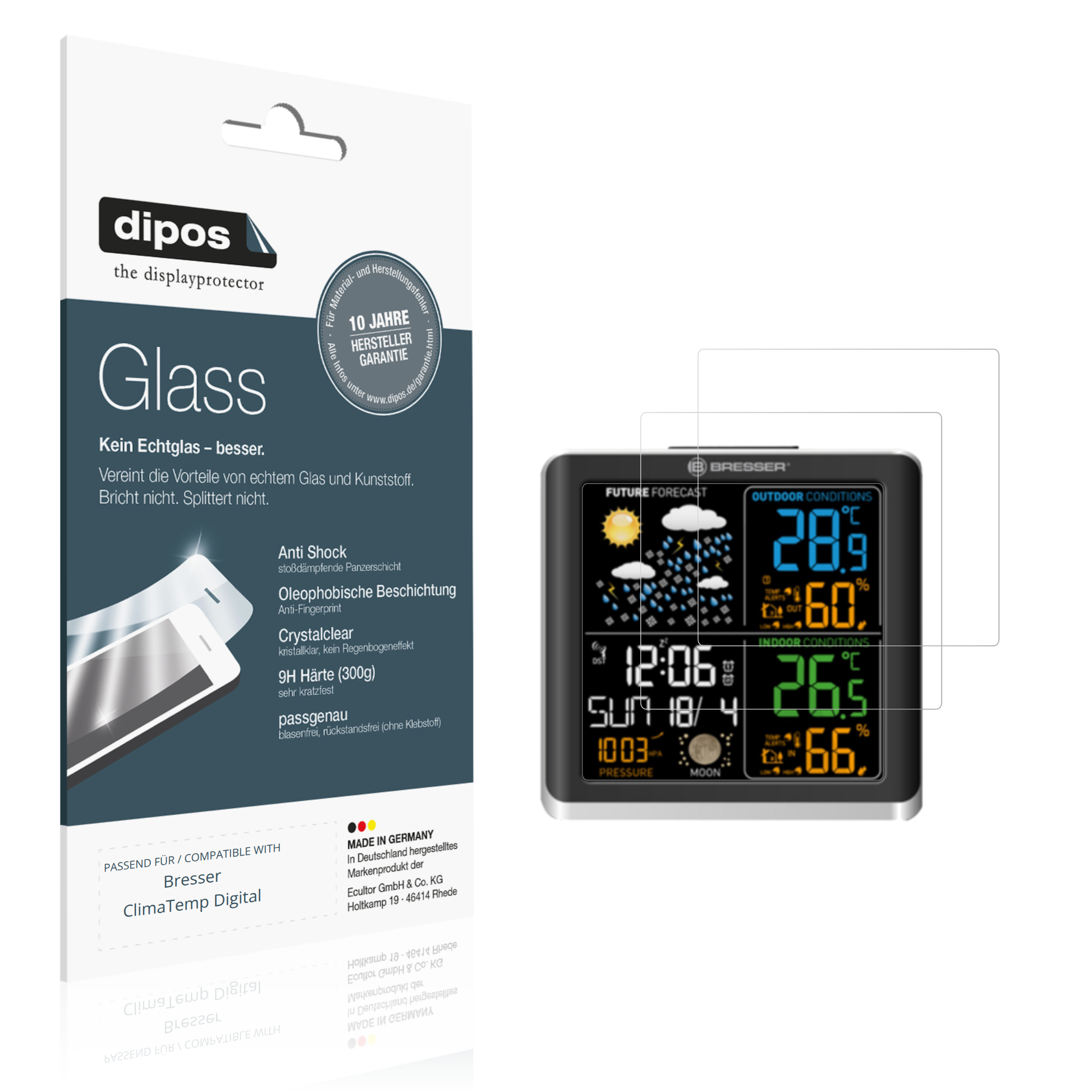Klare Displayschutzfolie von dipos passend für Bresser ClimaTemp Digital, 9H kratzfest und blasenfrei montiert